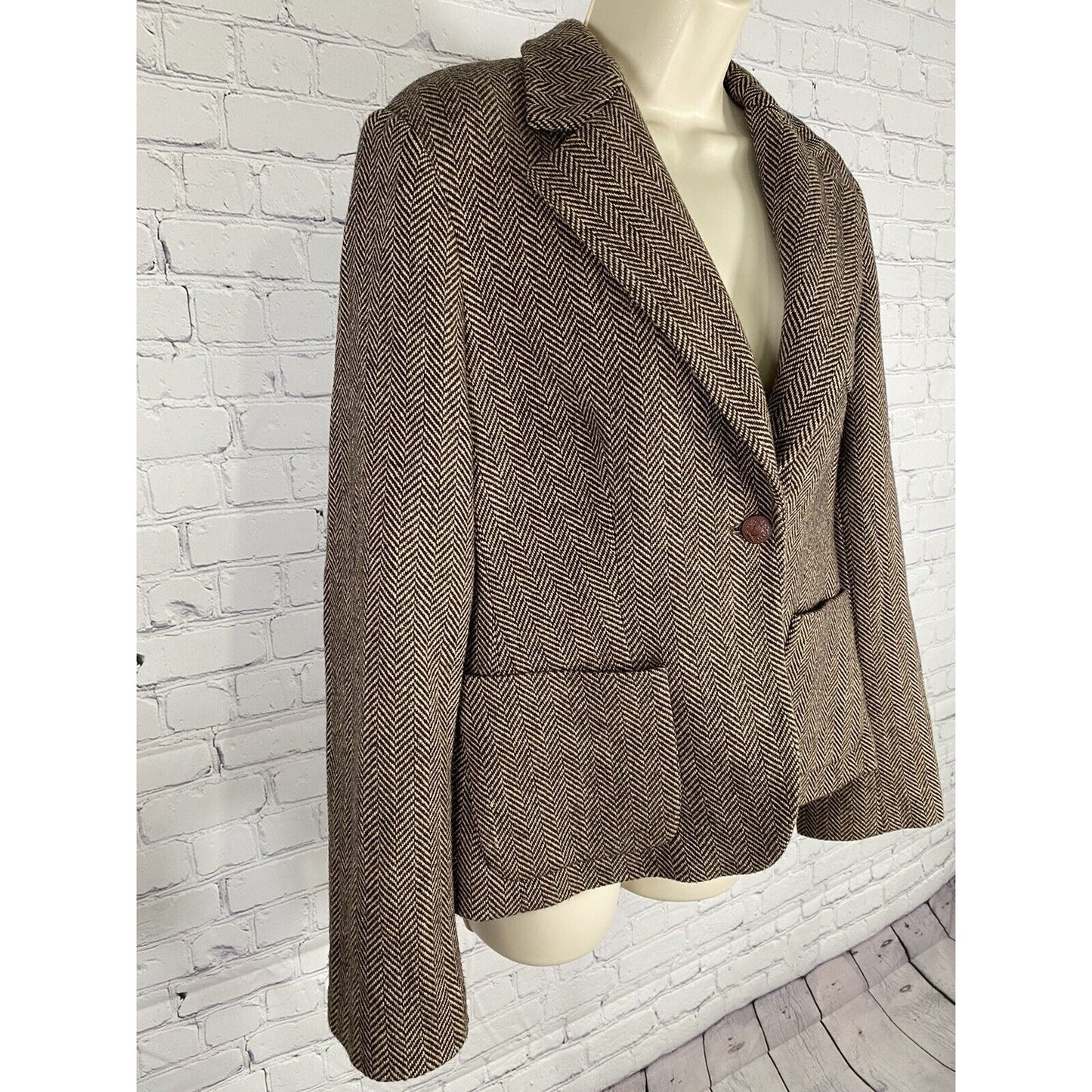 Nautica Wool Blend Herringbone Brown Single Button Blazer Jacket Womens 10