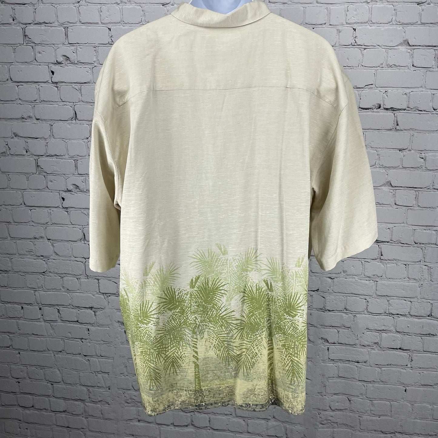 Pusser’s Beige 100% Silk Hawaiian Palm Tree Button Up Short Sleeve Shirt Size XL