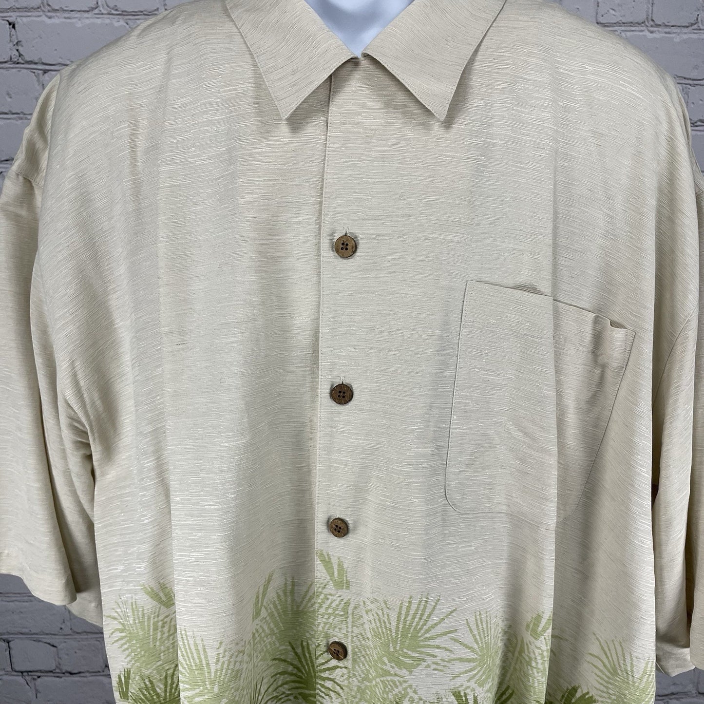Pusser’s Beige 100% Silk Hawaiian Palm Tree Button Up Short Sleeve Shirt Size XL