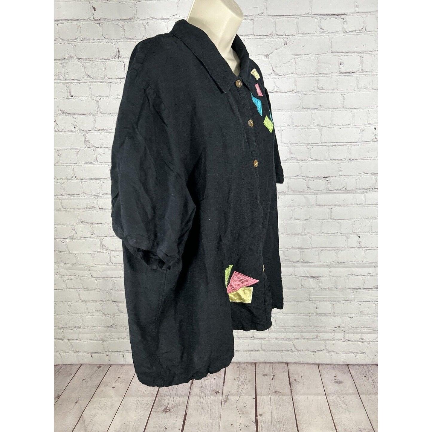 VTG Country Wear Casuals Black Linen Blend Embroidered Short Sleeve Button Up XL