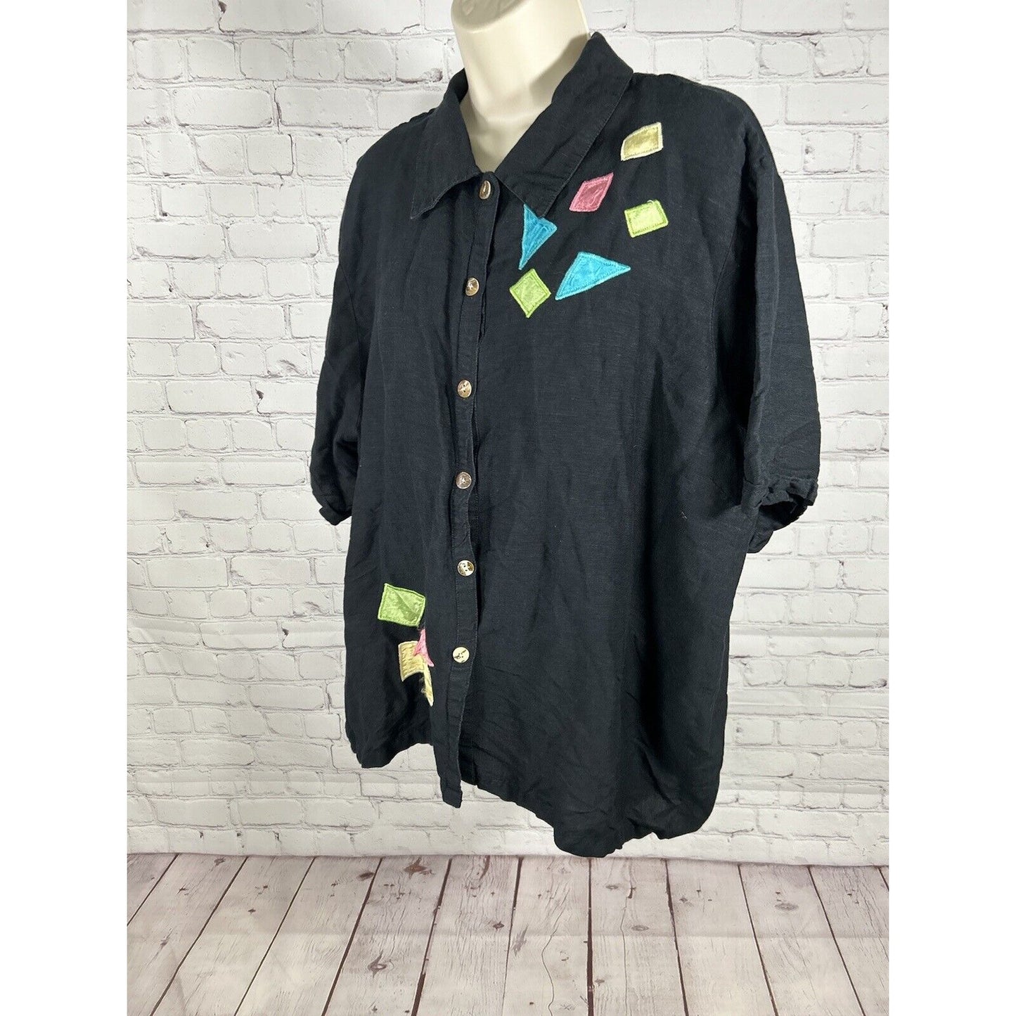 VTG Country Wear Casuals Black Linen Blend Embroidered Short Sleeve Button Up XL