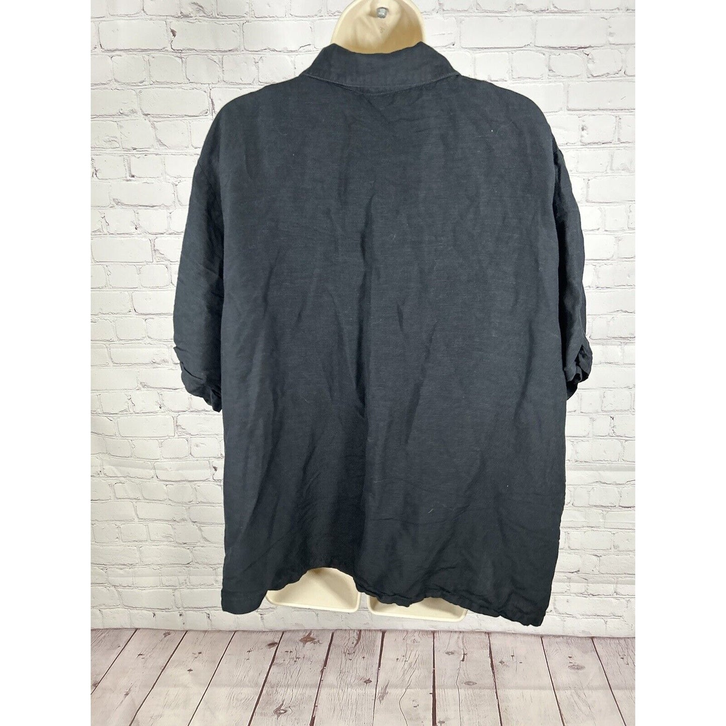 VTG Country Wear Casuals Black Linen Blend Embroidered Short Sleeve Button Up XL