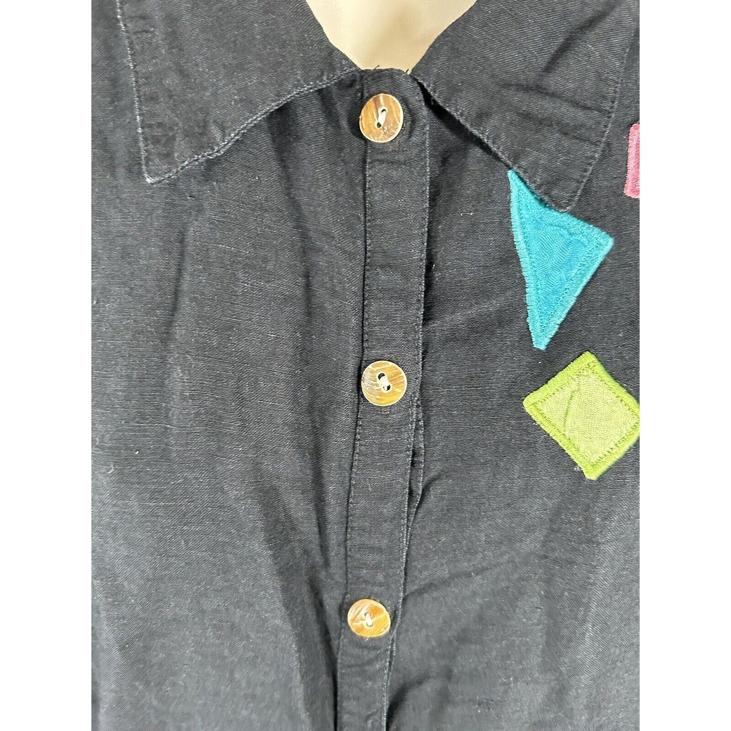 VTG Country Wear Casuals Black Linen Blend Embroidered Short Sleeve Button Up XL