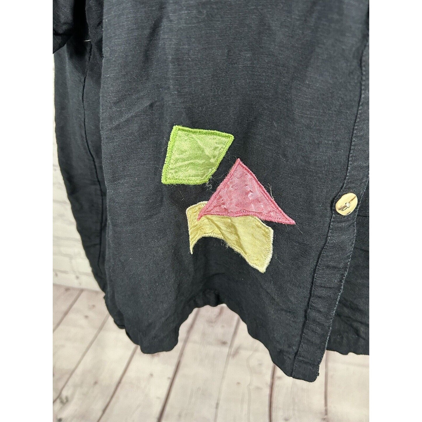 VTG Country Wear Casuals Black Linen Blend Embroidered Short Sleeve Button Up XL
