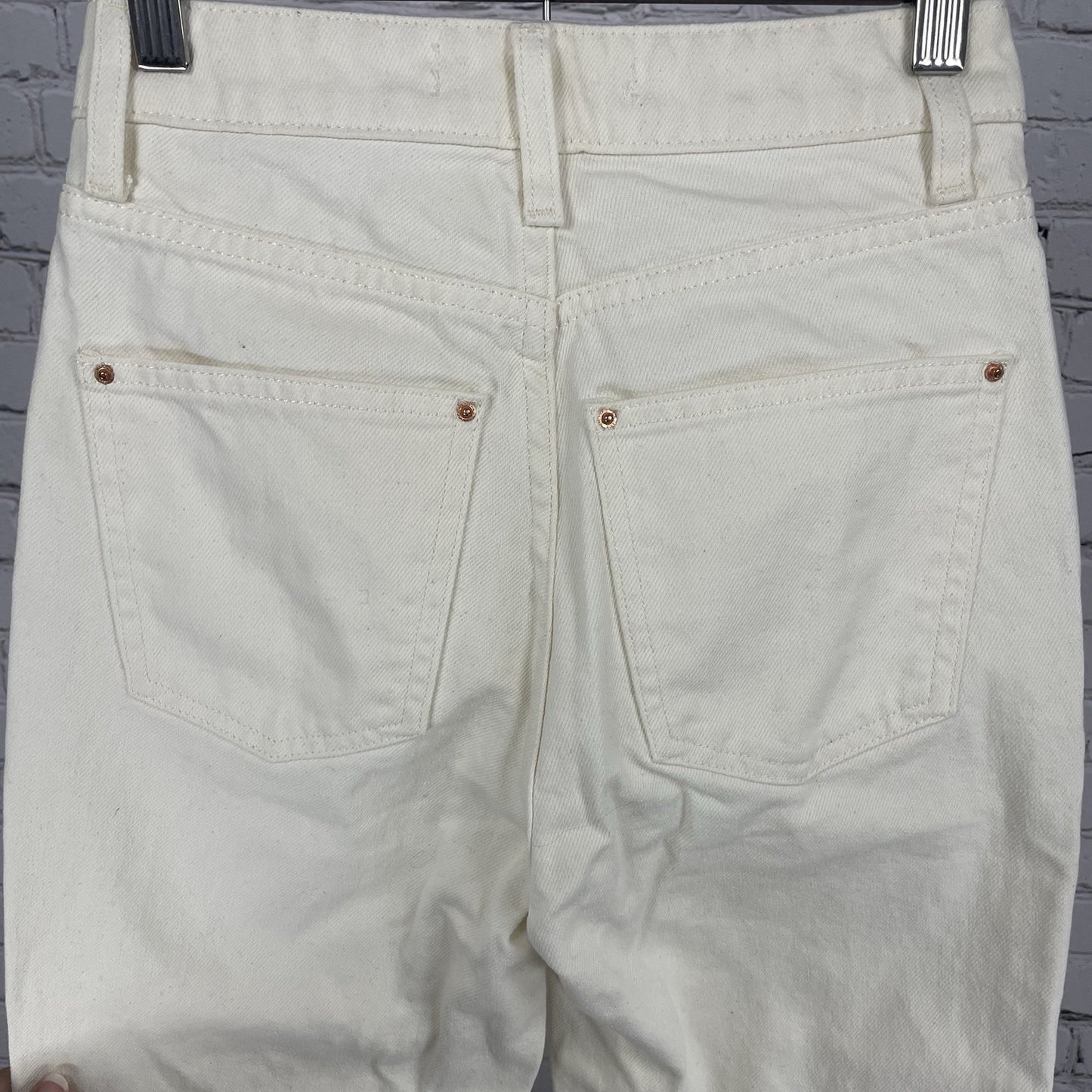 Zara Ivory Cream Denim High Rise Straight Leg Raw Hem Jeans Size 0 (23x28.5)