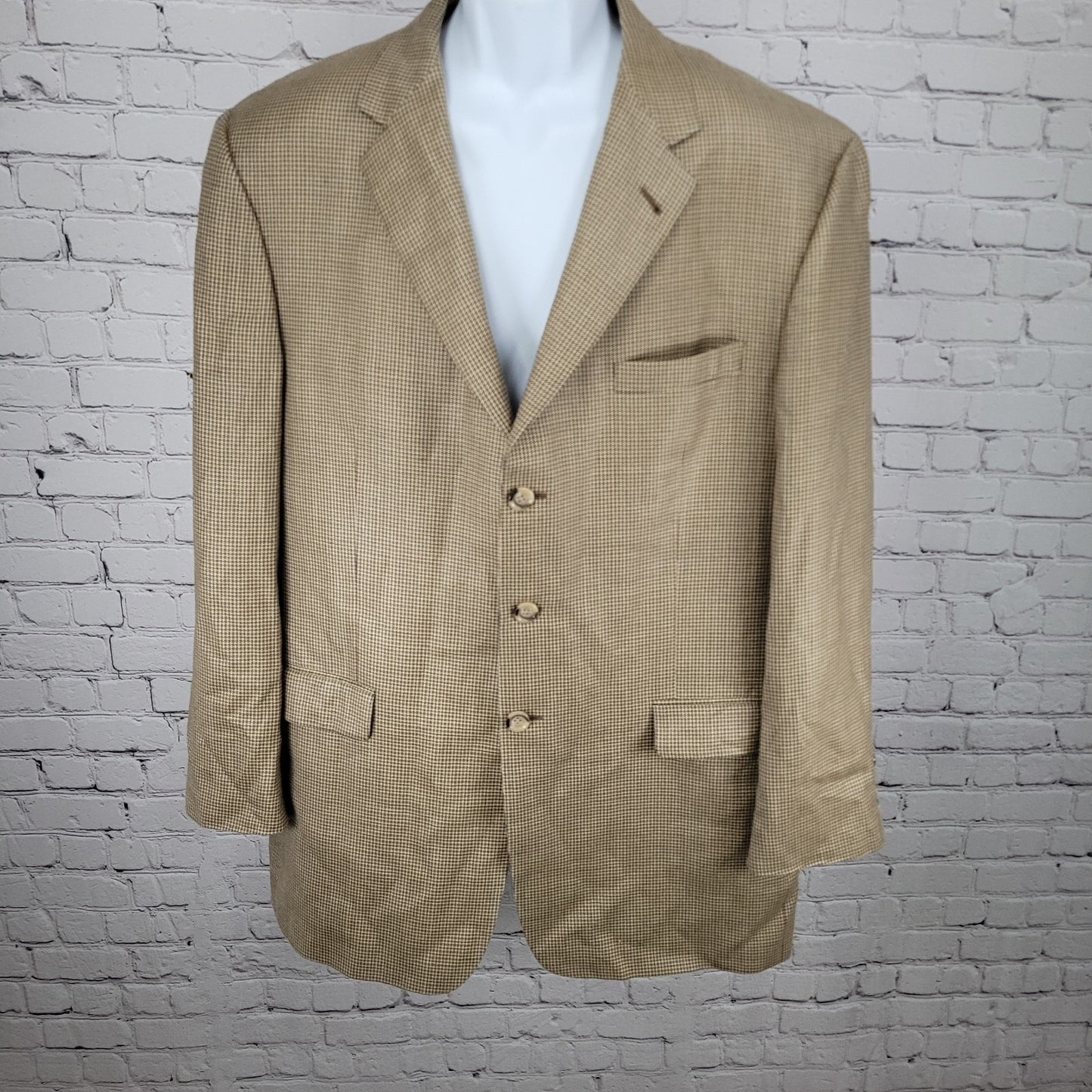 Burberry Tan Silk Wool Houndstooth 3 Button Blazer Sport Coat USA Made Size 44L