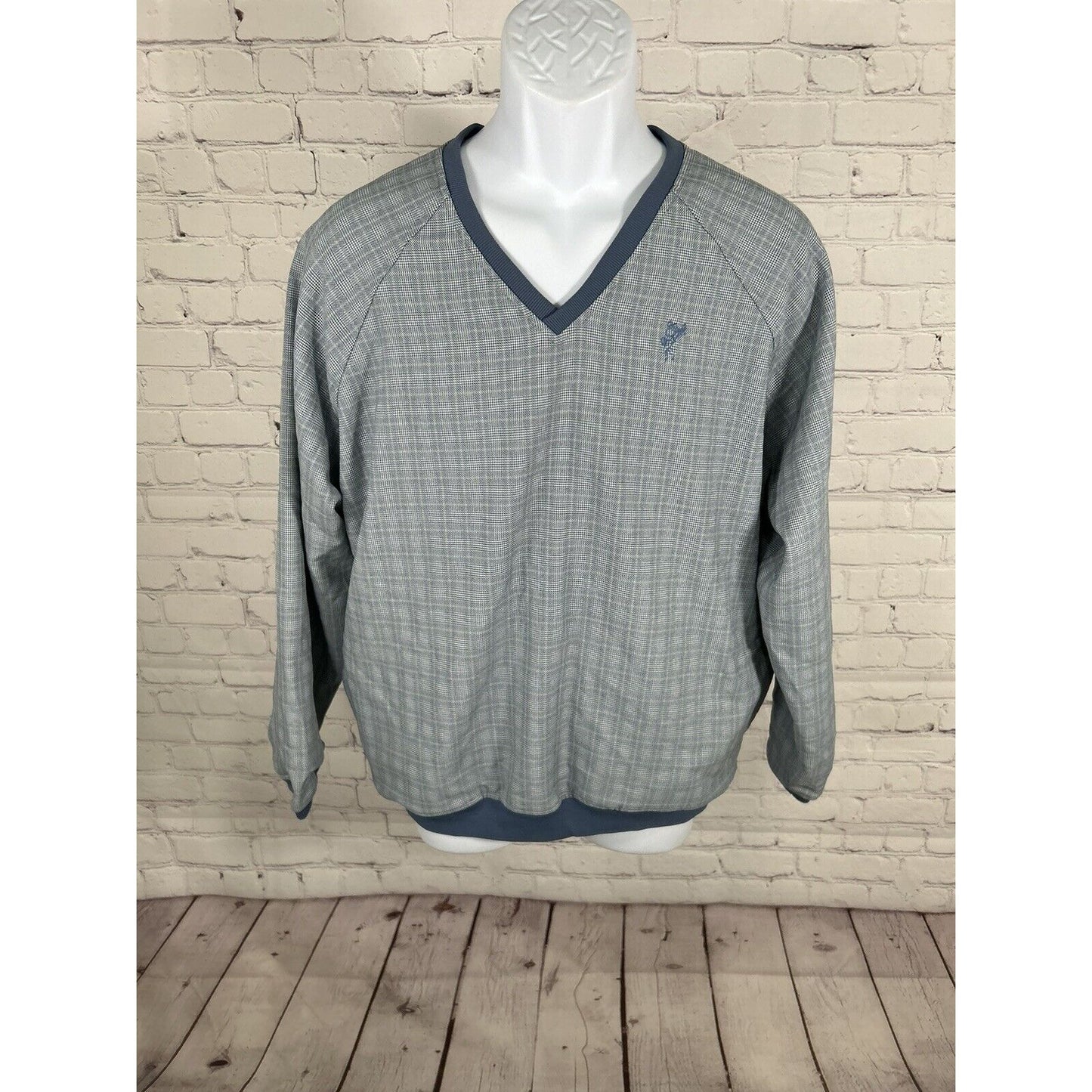 Ashworth Blue Plaid Pullover V Neck Long Sleeve Lined Golf Sweatshirt Mens M