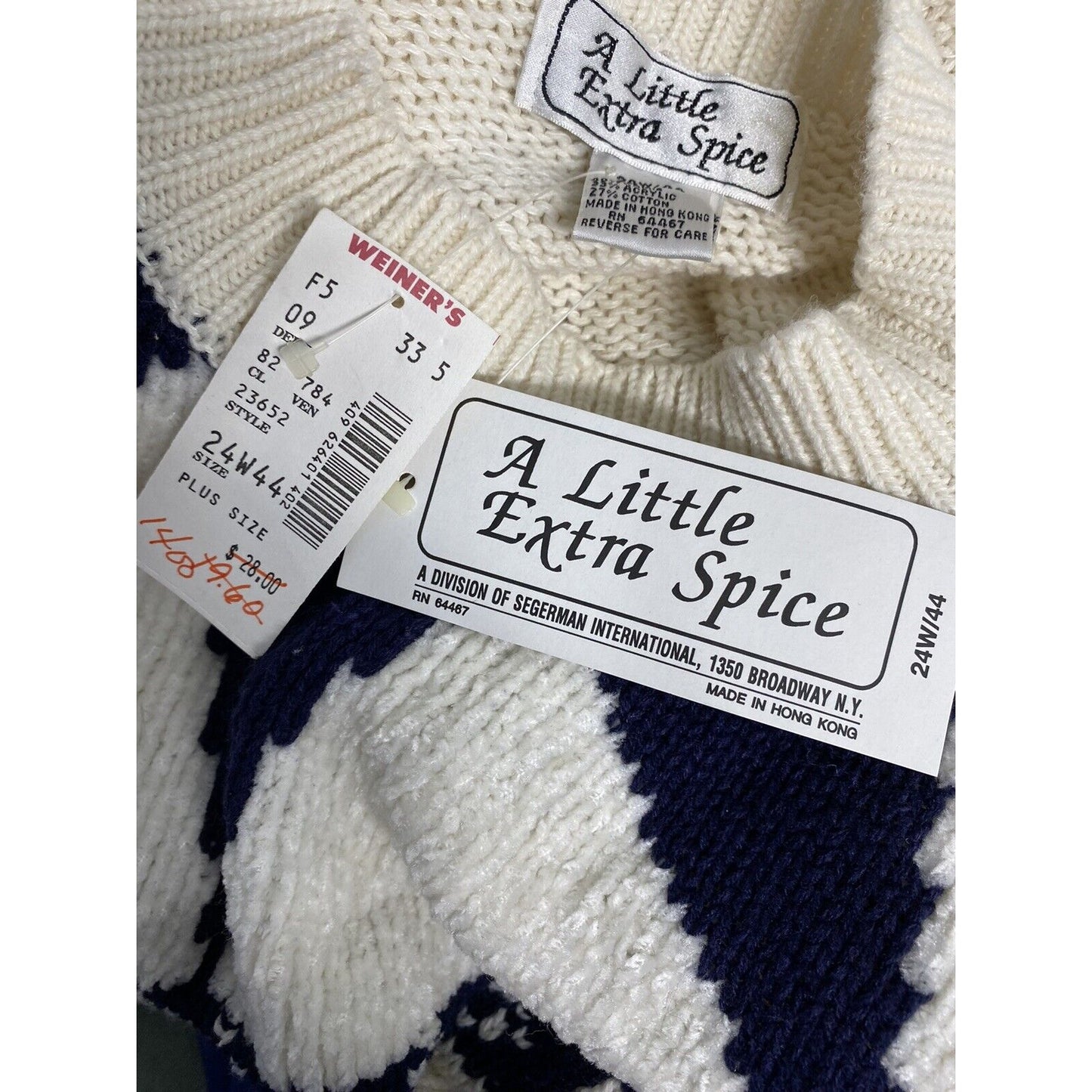 Vintage NWT A Little Extra Spice Womens Knit Sweater White Blue Size 24W/ 44