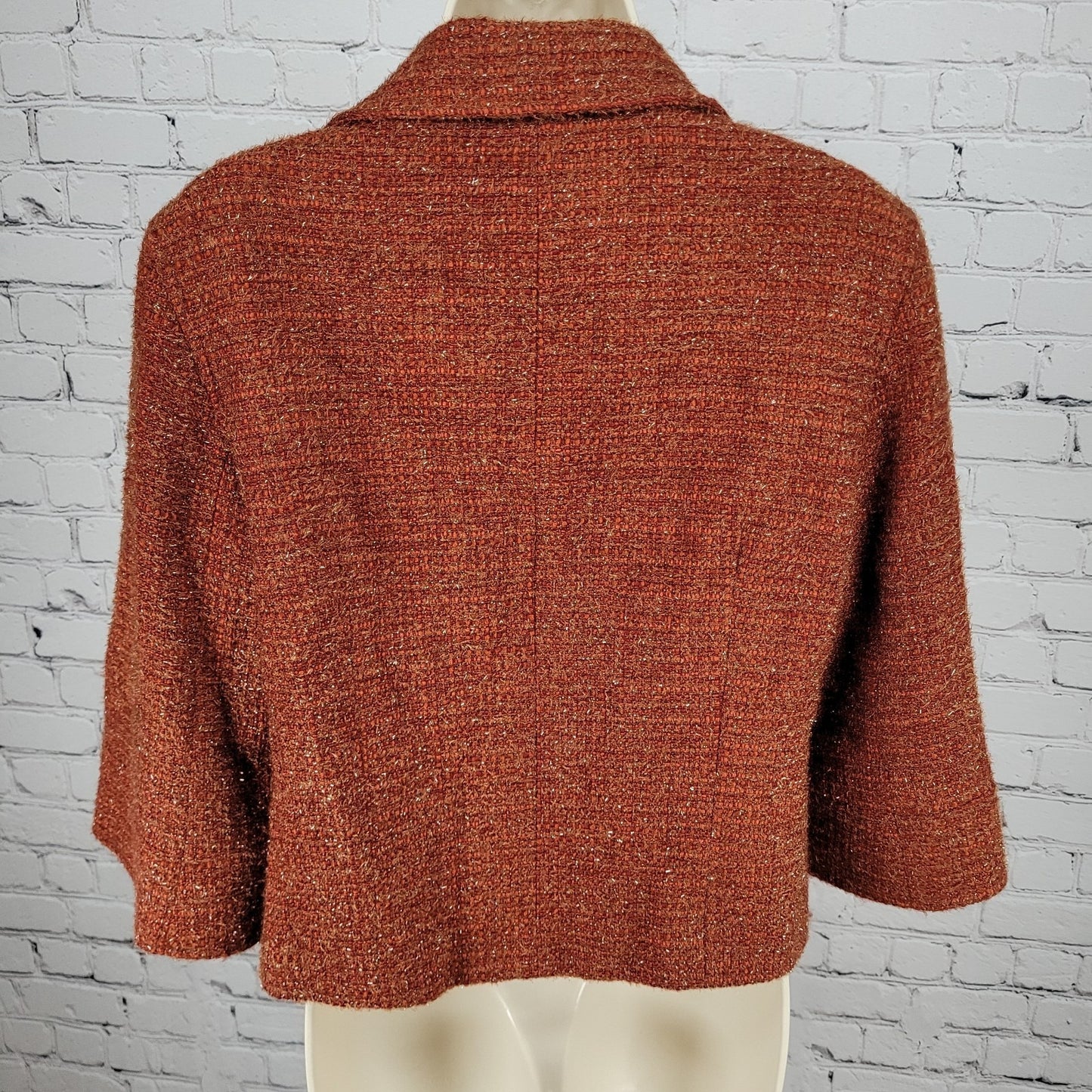 Lafayette 148 New York Orange Wool Blend Tweed 3/4 Sleeve Lined Jacket Size 8