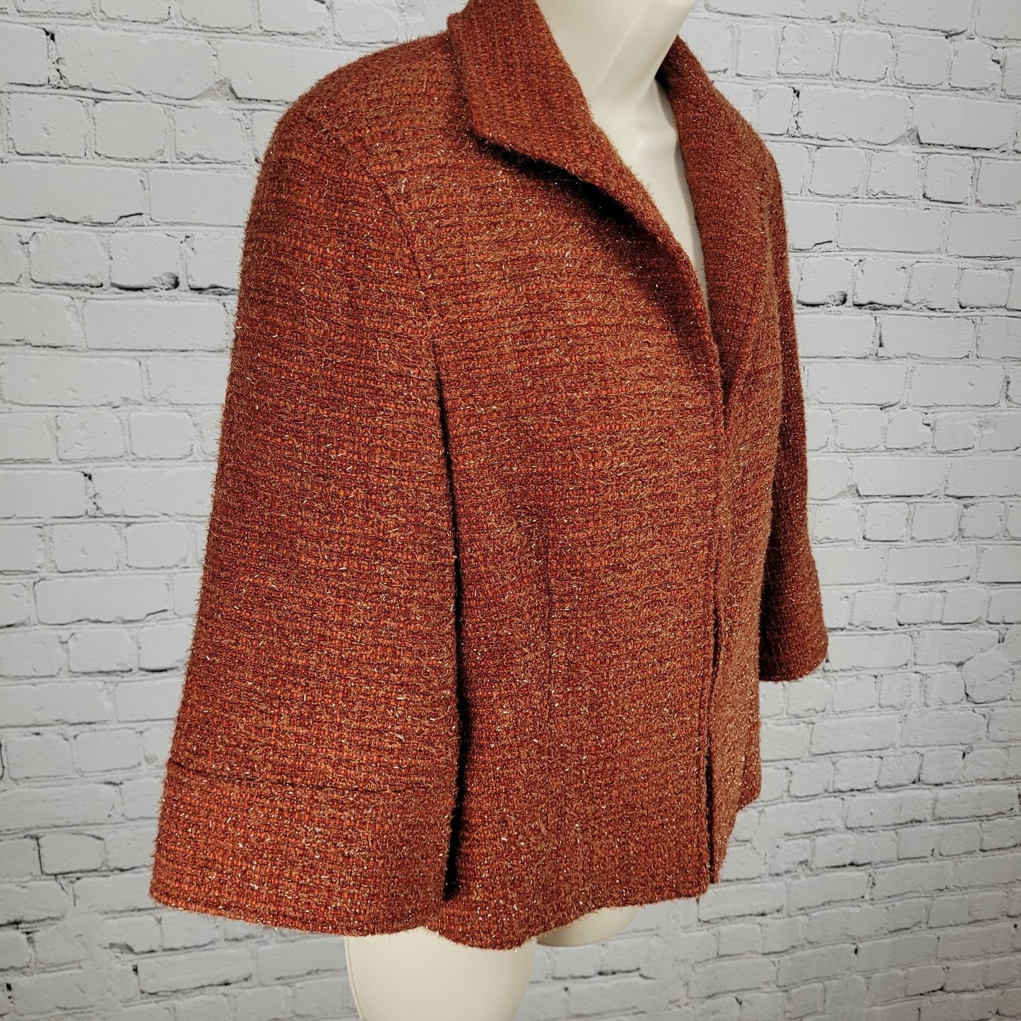 Lafayette 148 New York Orange Wool Blend Tweed 3/4 Sleeve Lined Jacket Size 8