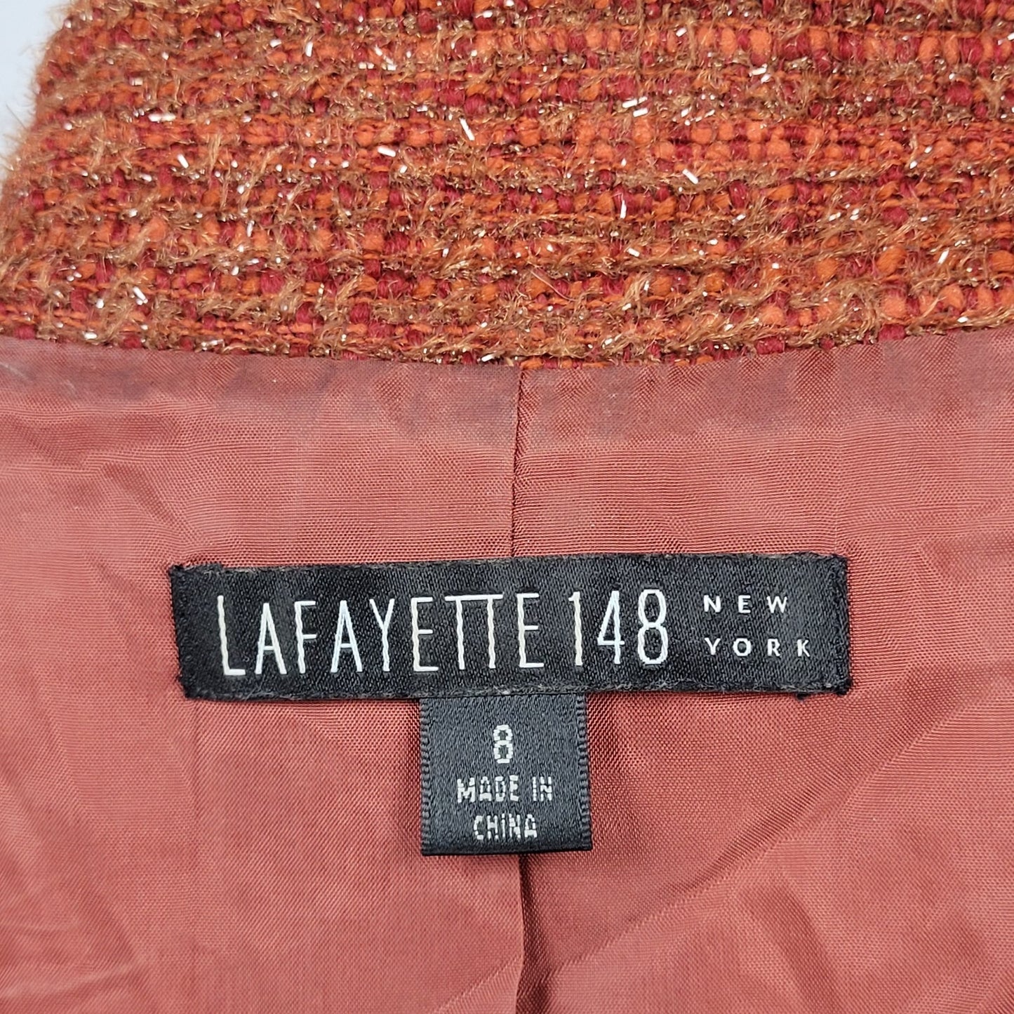 Lafayette 148 New York Orange Wool Blend Tweed 3/4 Sleeve Lined Jacket Size 8