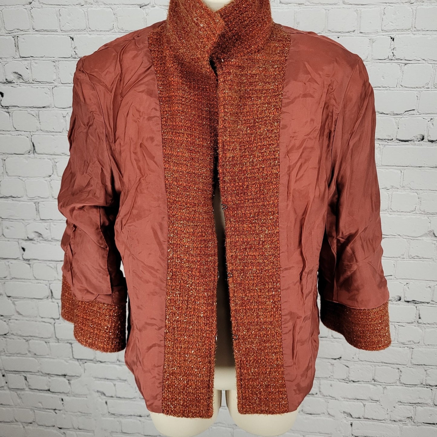 Lafayette 148 New York Orange Wool Blend Tweed 3/4 Sleeve Lined Jacket Size 8