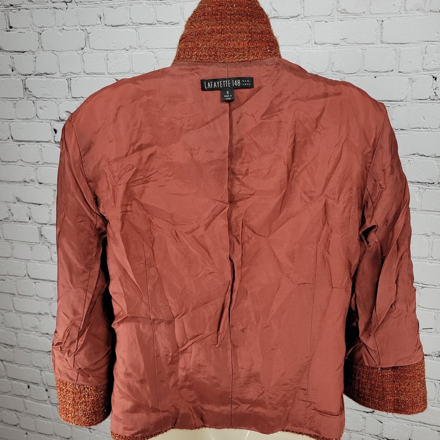Lafayette 148 New York Orange Wool Blend Tweed 3/4 Sleeve Lined Jacket Size 8