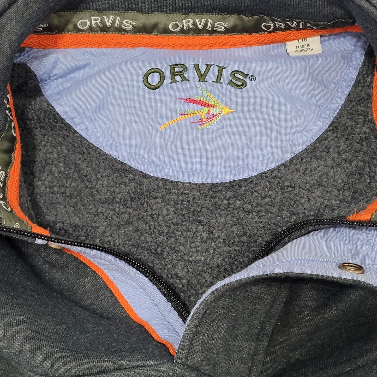 Orvis Grey 1/4 Zip Snap Mock Neck Fleece Lined Pullover Sweatshirt Size Large L