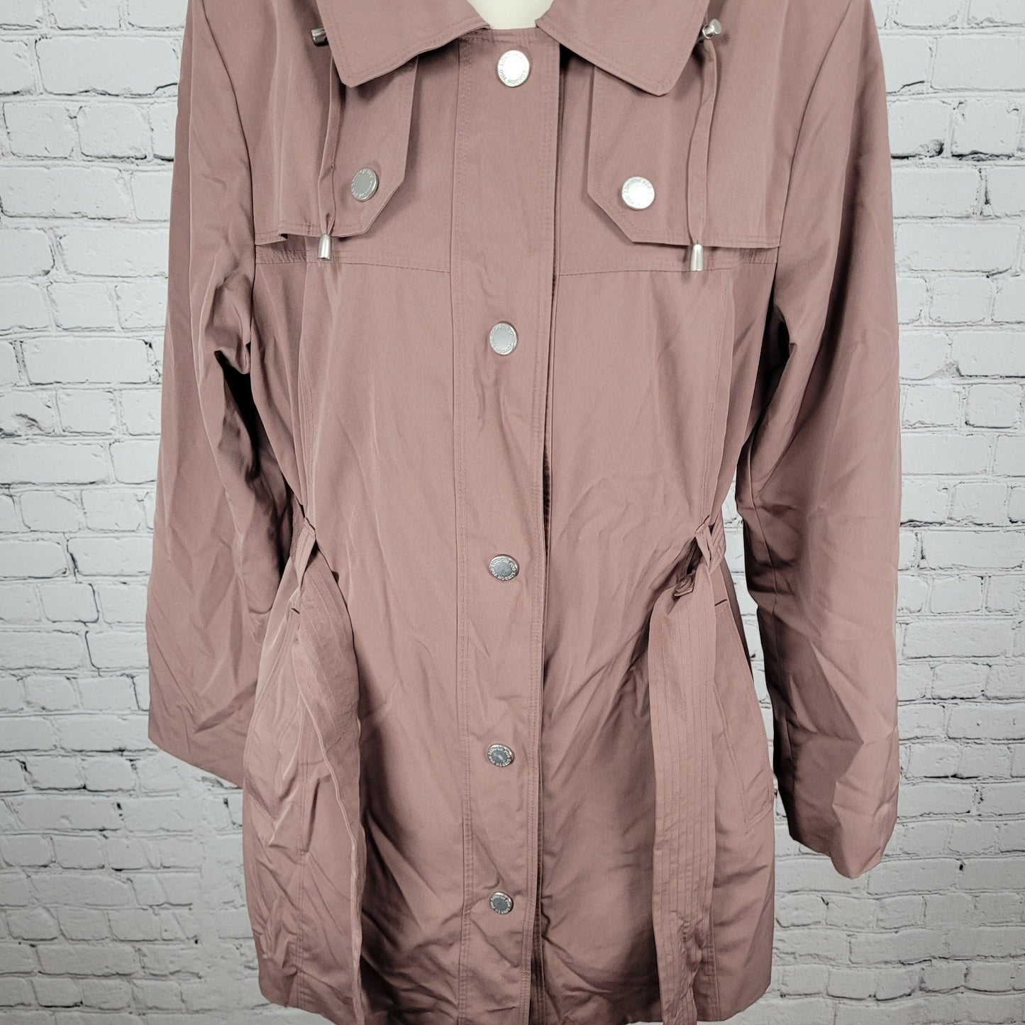 London Fog Adobe Brown Removable Hood Belted Snapped Rain Jacket Size Medium M