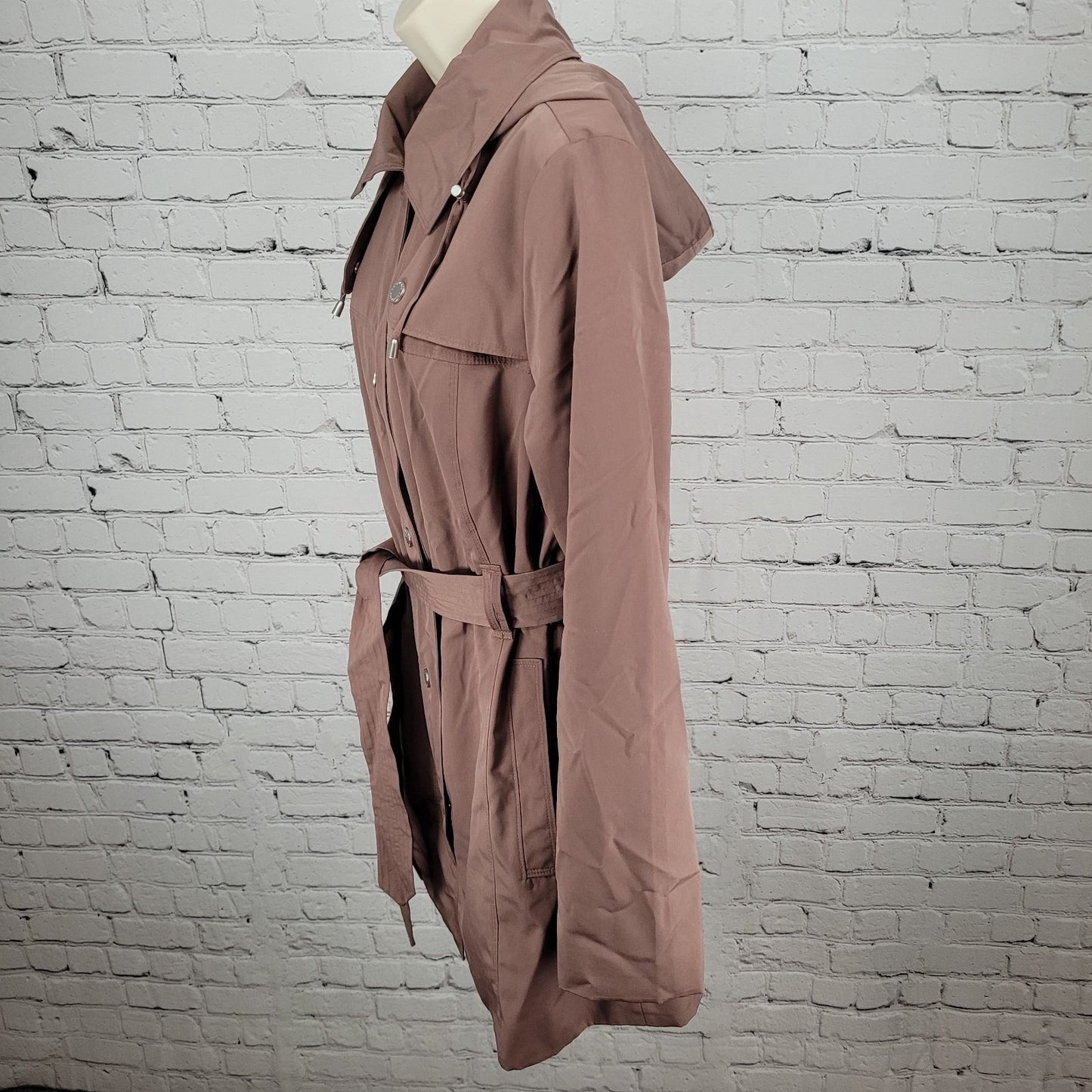 London Fog Adobe Brown Removable Hood Belted Snapped Rain Jacket Size Medium M