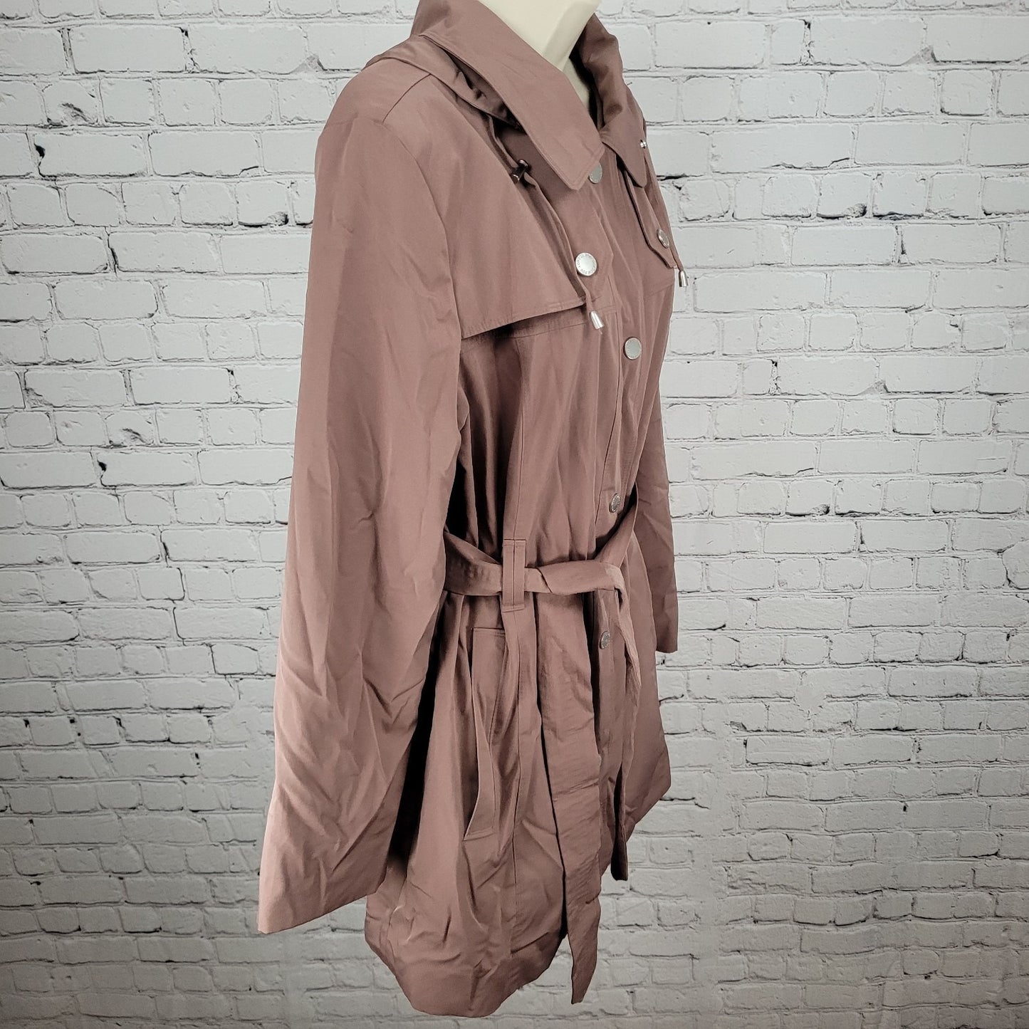 London Fog Adobe Brown Removable Hood Belted Snapped Rain Jacket Size Medium M