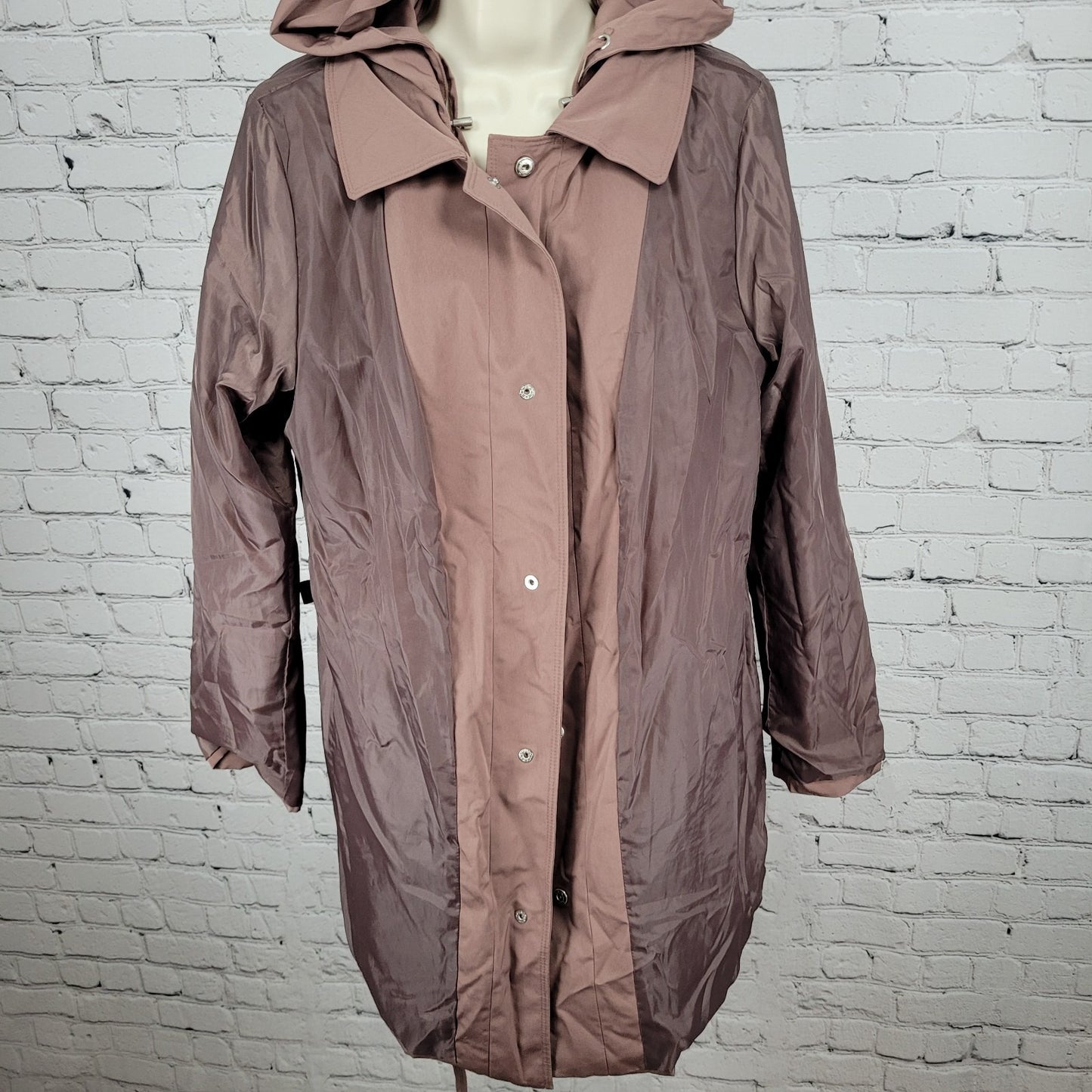 London Fog Adobe Brown Removable Hood Belted Snapped Rain Jacket Size Medium M