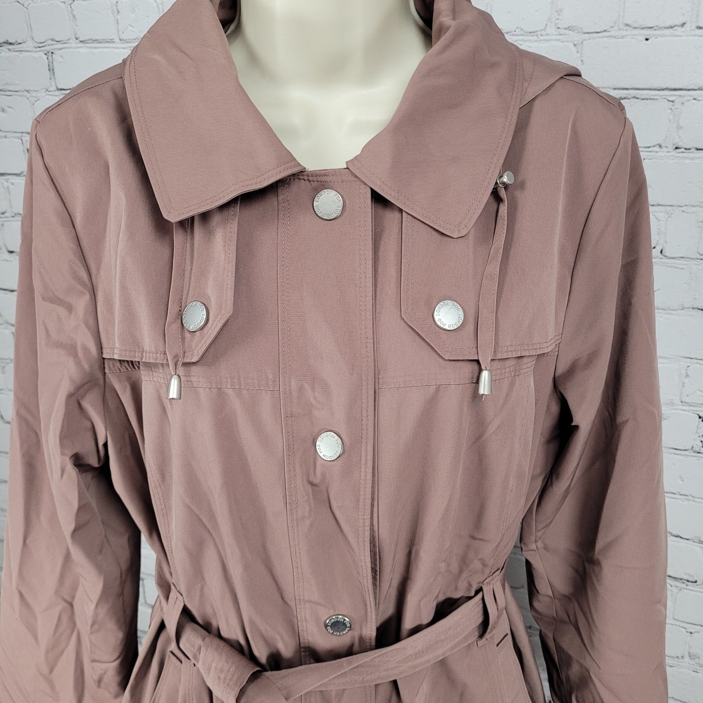 London Fog Adobe Brown Removable Hood Belted Snapped Rain Jacket Size Medium M