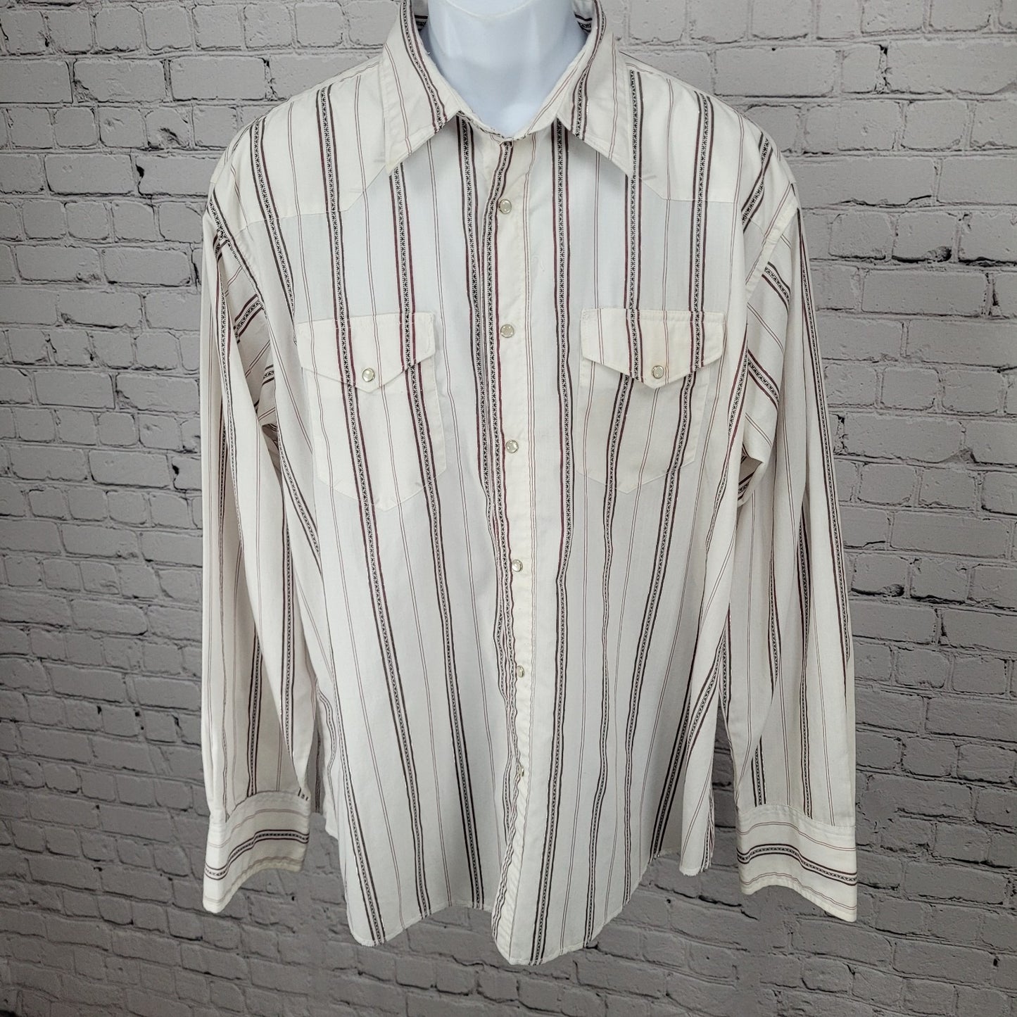 VTG Wrangler White Striped Western Pearl Snap Long Sleeve Lightweight Shirt XL