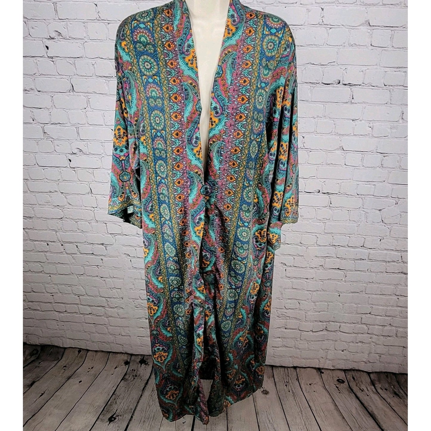 NWT LARA Ethnics Multicolor Floral Saska Oyster Blue Long Kimono Robe Size TU