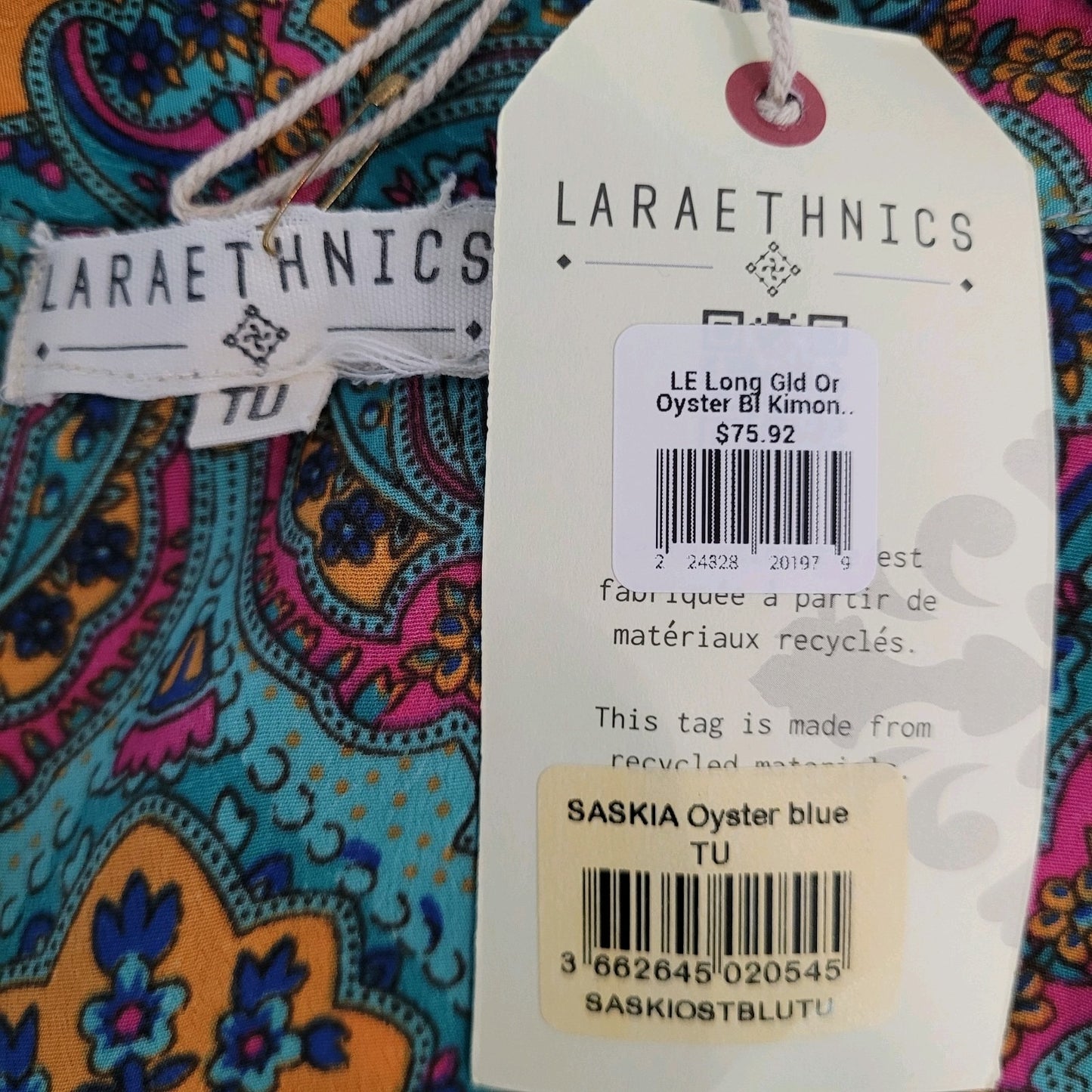 NWT LARA Ethnics Multicolor Floral Saska Oyster Blue Long Kimono Robe Size TU
