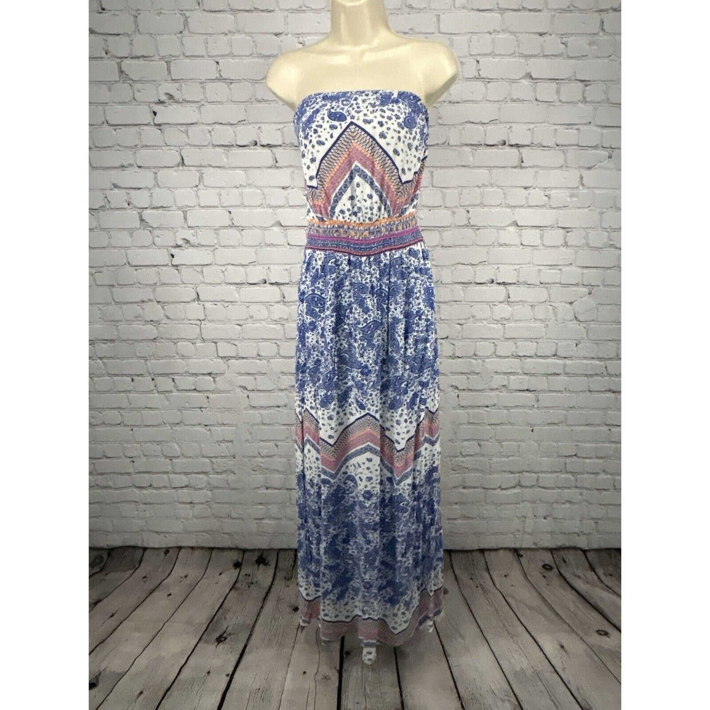 Green Dragon White Blue Orange Pink Paisley Strapless Maxi Dress Women’s L