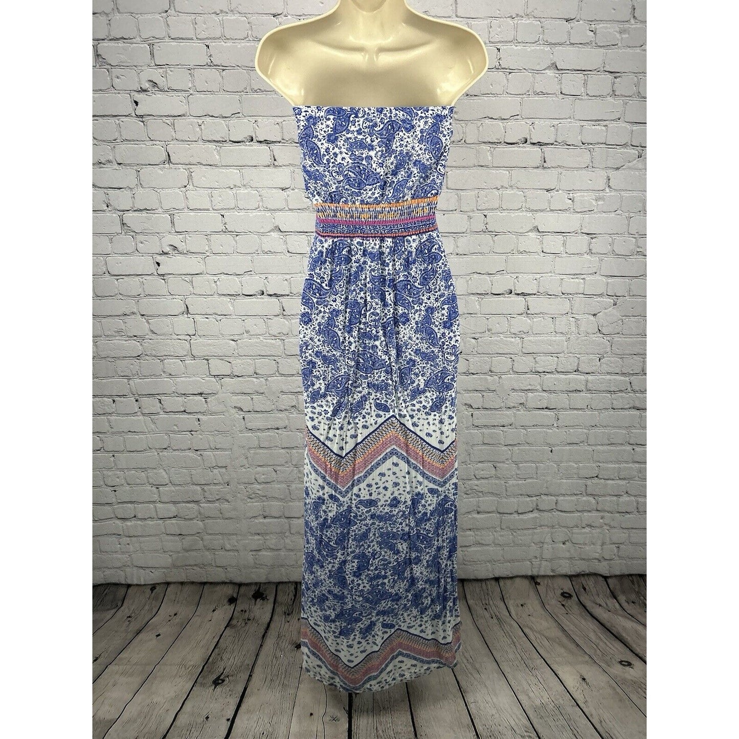 Green Dragon White Blue Orange Pink Paisley Strapless Maxi Dress Women’s L