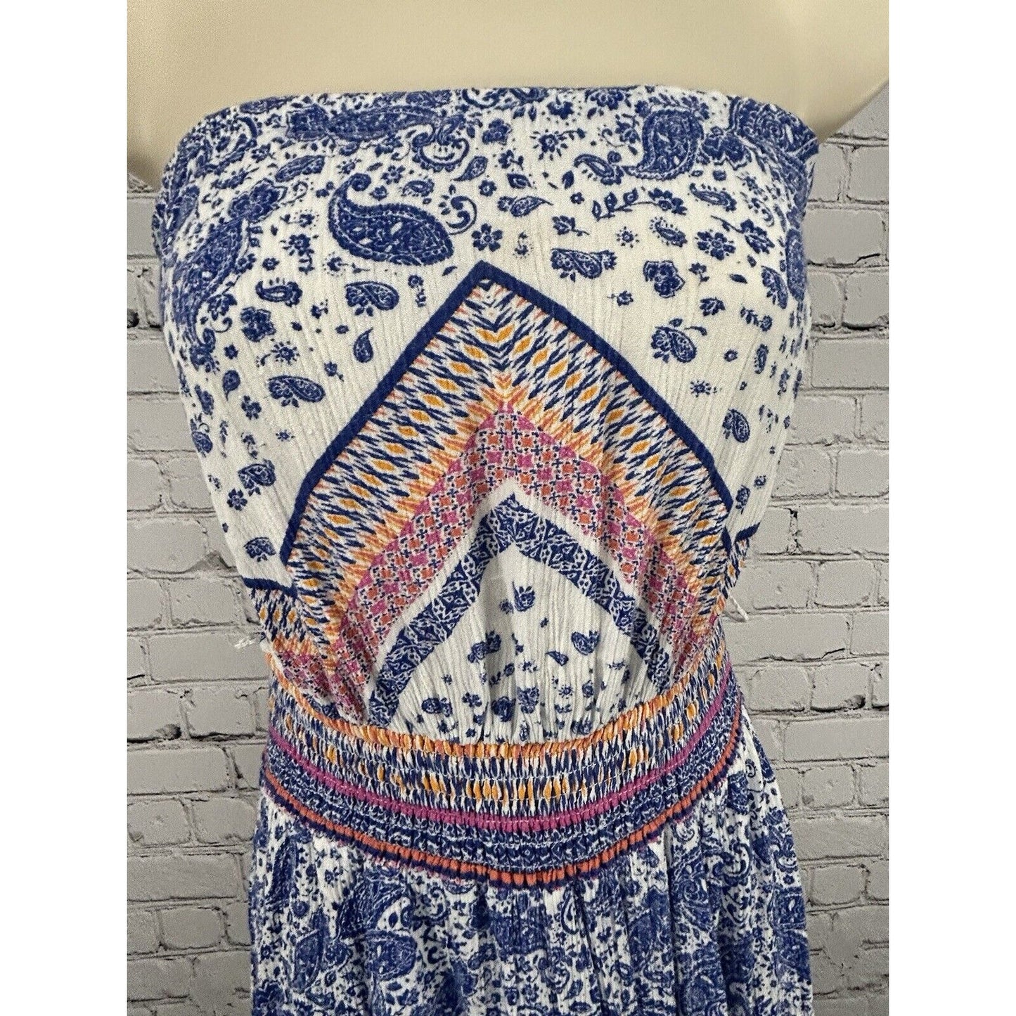 Green Dragon White Blue Orange Pink Paisley Strapless Maxi Dress Women’s L