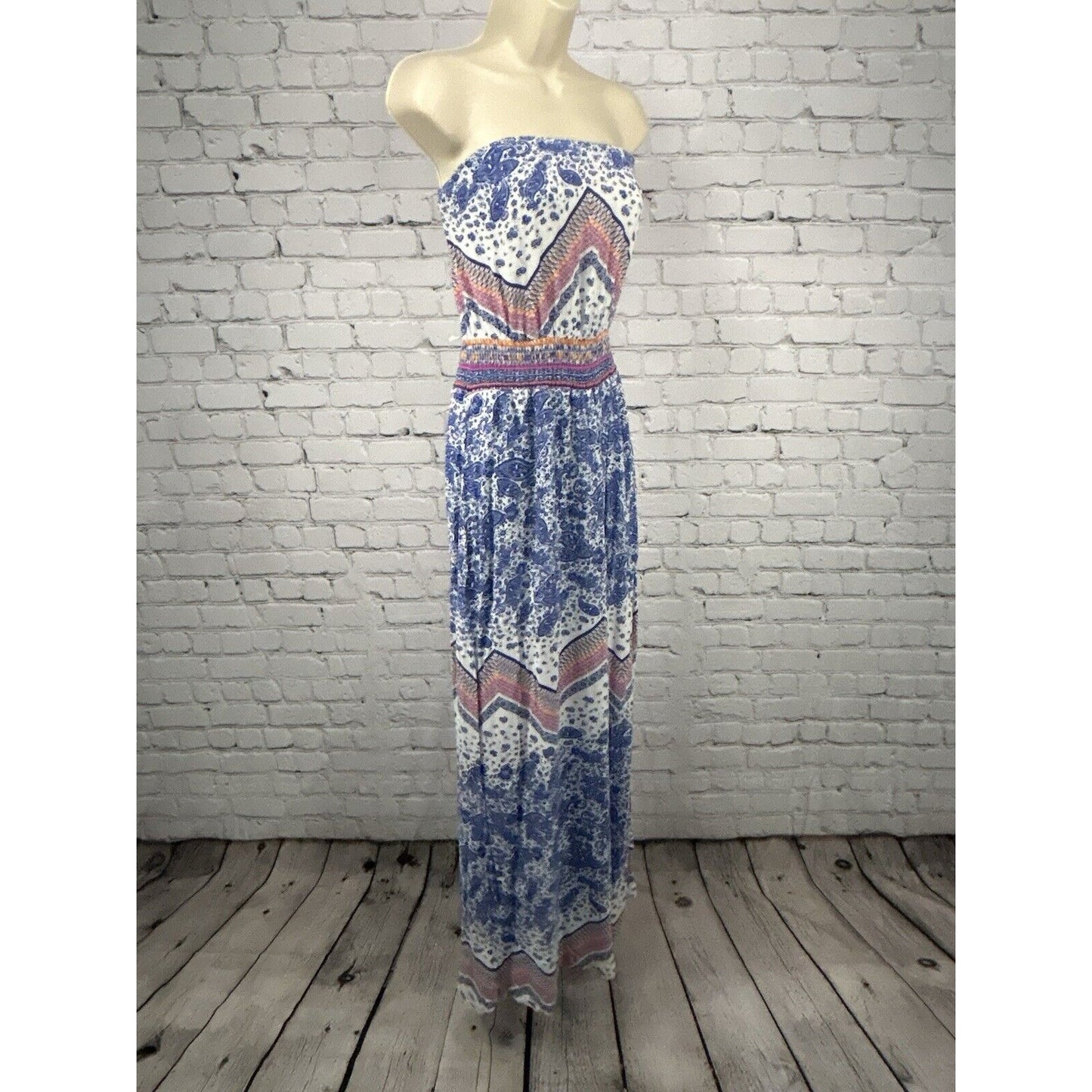 Green Dragon White Blue Orange Pink Paisley Strapless Maxi Dress Women’s L
