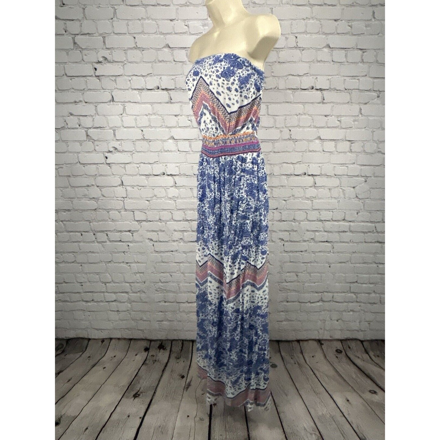 Green Dragon White Blue Orange Pink Paisley Strapless Maxi Dress Women’s L