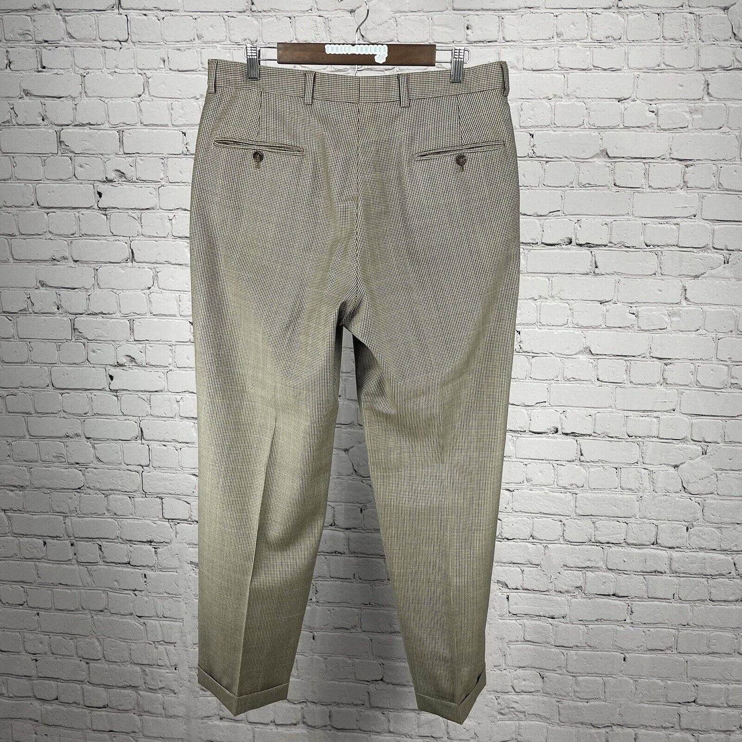 Hart Schaffner Marx Brown Houndstooth Pleated Pants USA Made Size 35 (34x30)