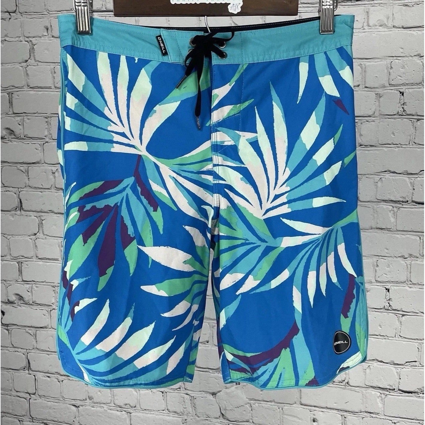 O’Neill Hyperfreak Blue Tropical Print Board Shorts Swim Trunks Stretch Size 28