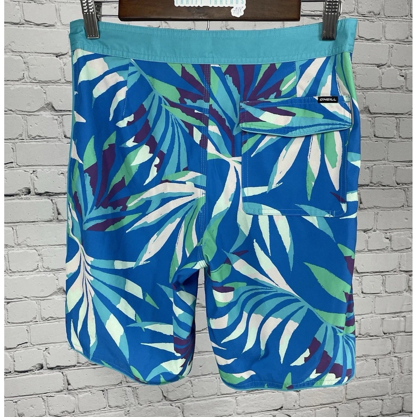 O’Neill Hyperfreak Blue Tropical Print Board Shorts Swim Trunks Stretch Size 28
