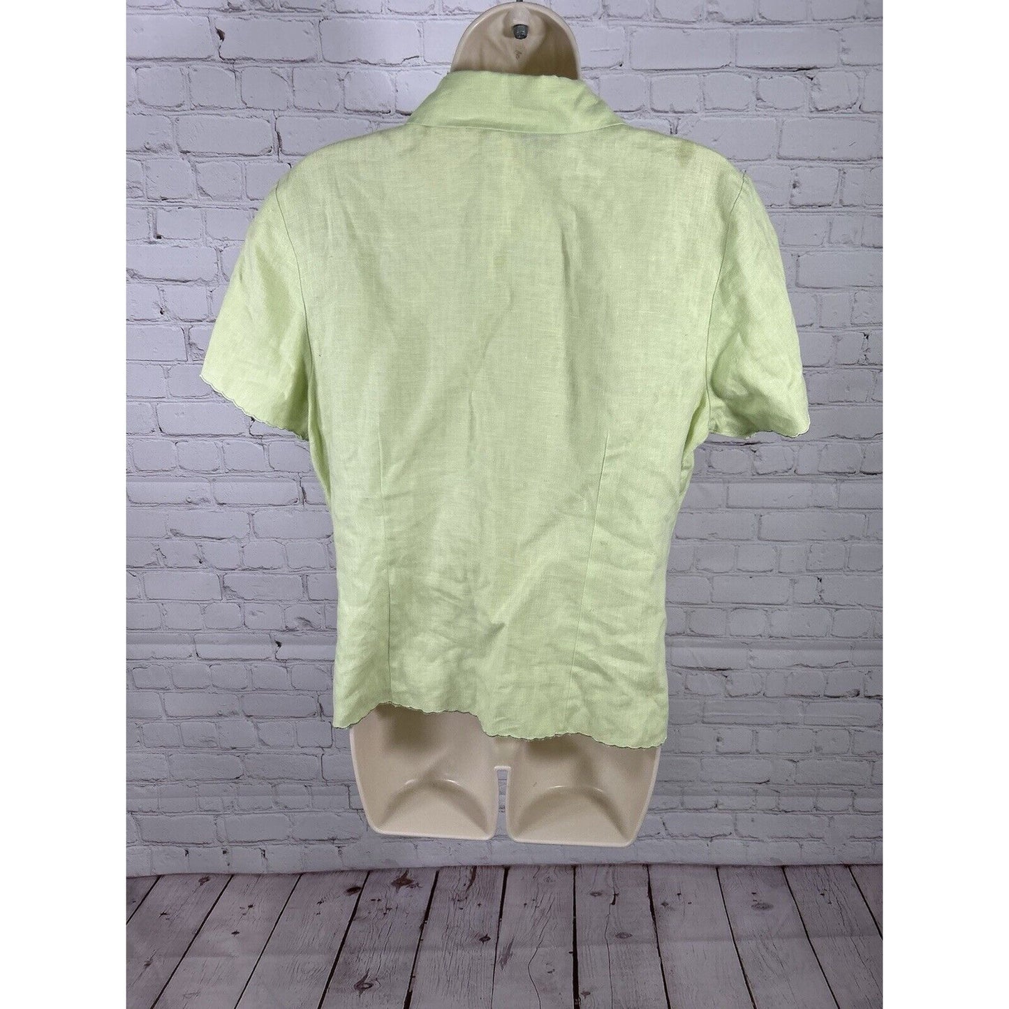 VTG Edward Irish Linen 100% Linen Green Collared Short Sleeve Floral Blouse L