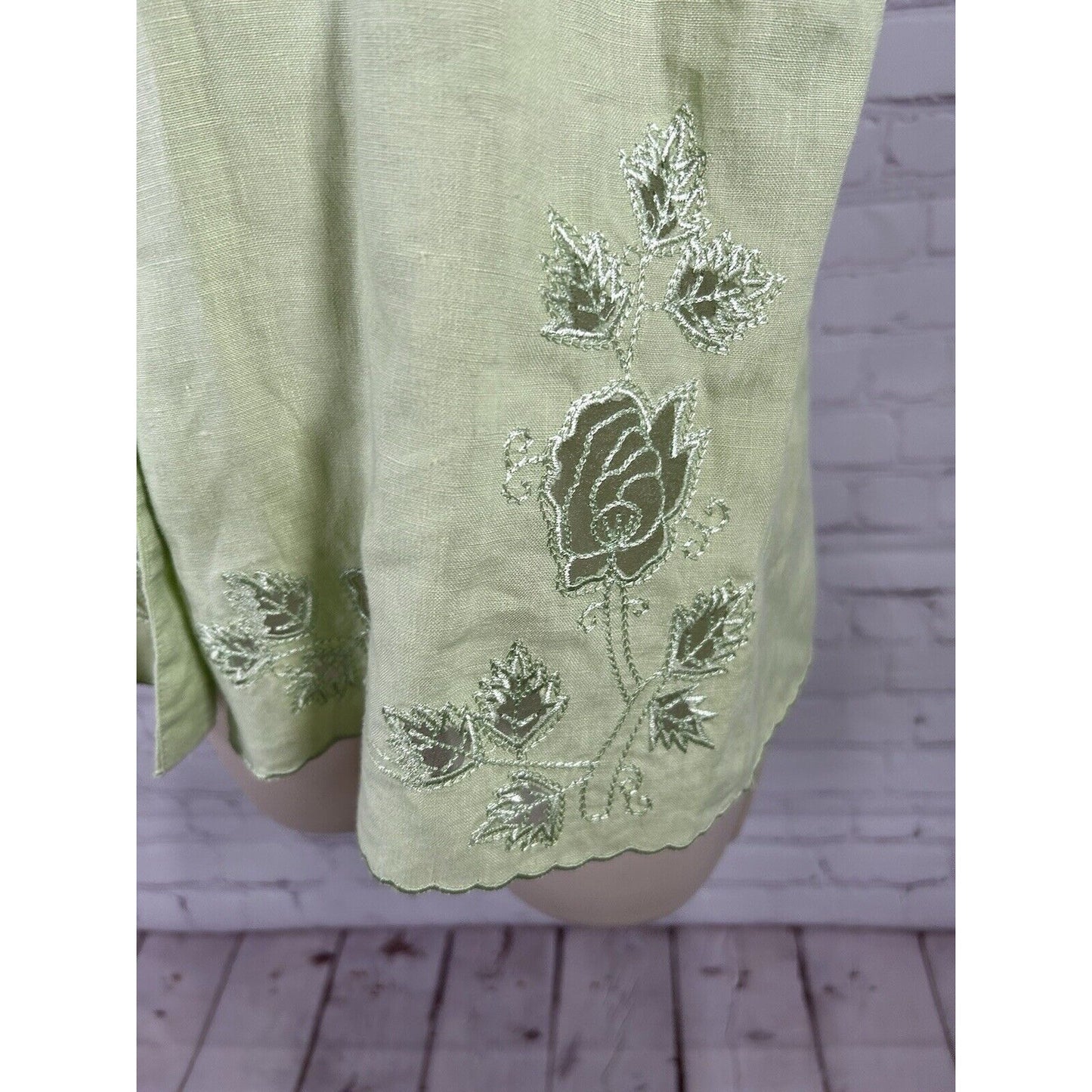VTG Edward Irish Linen 100% Linen Green Collared Short Sleeve Floral Blouse L