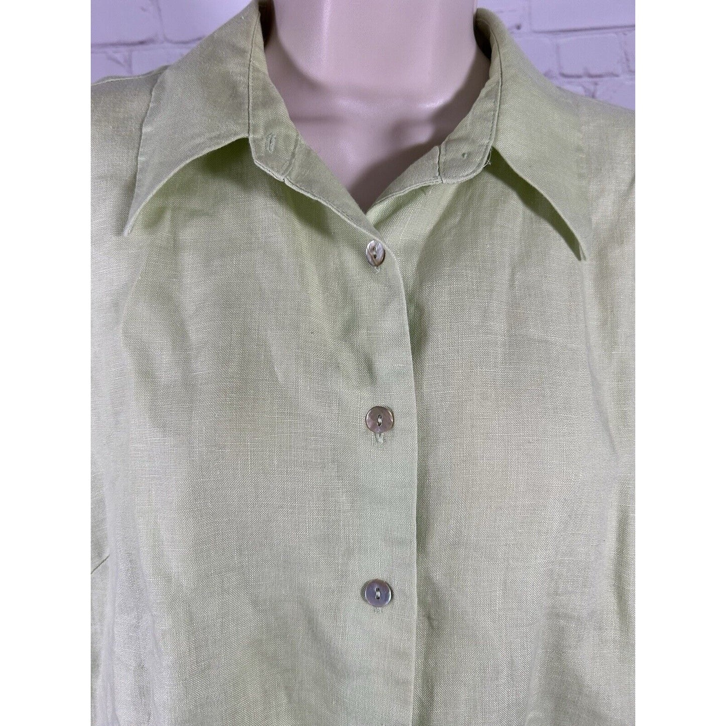 VTG Edward Irish Linen 100% Linen Green Collared Short Sleeve Floral Blouse L
