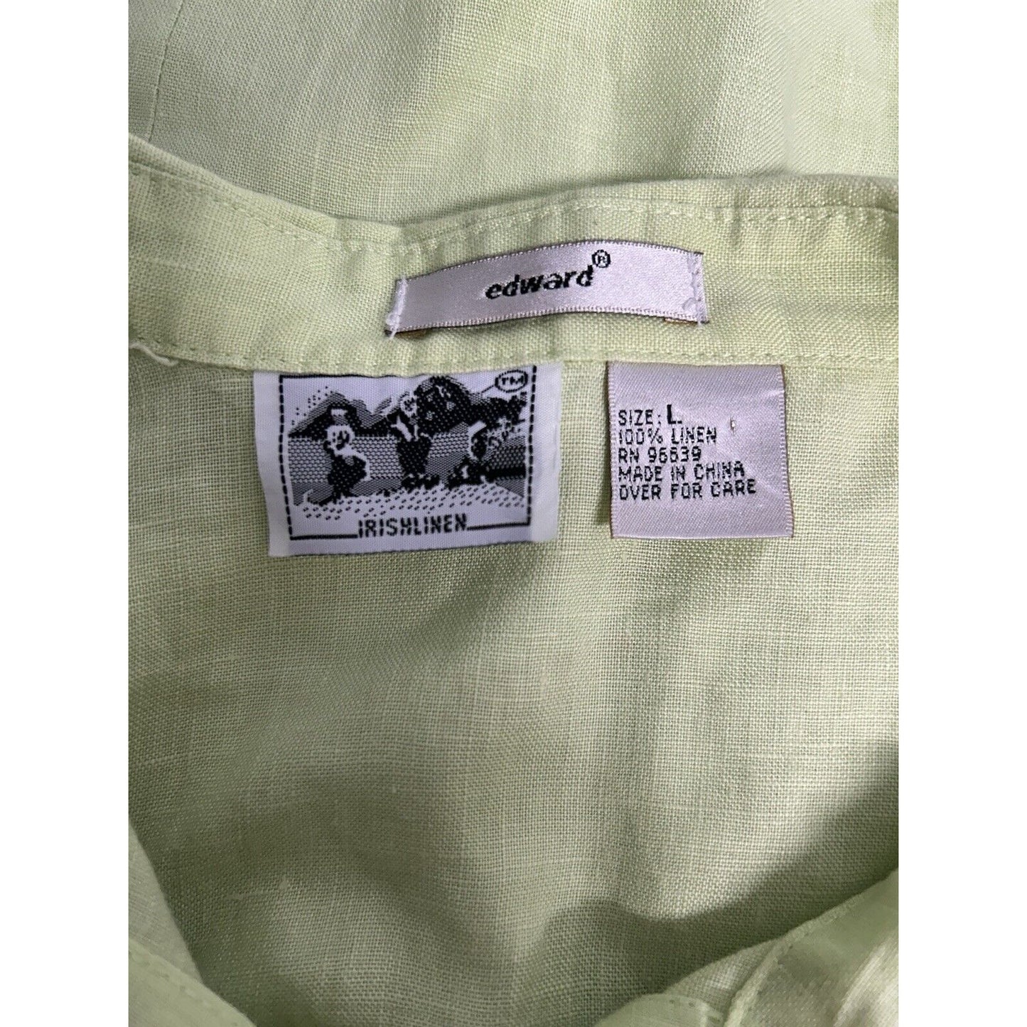 VTG Edward Irish Linen 100% Linen Green Collared Short Sleeve Floral Blouse L