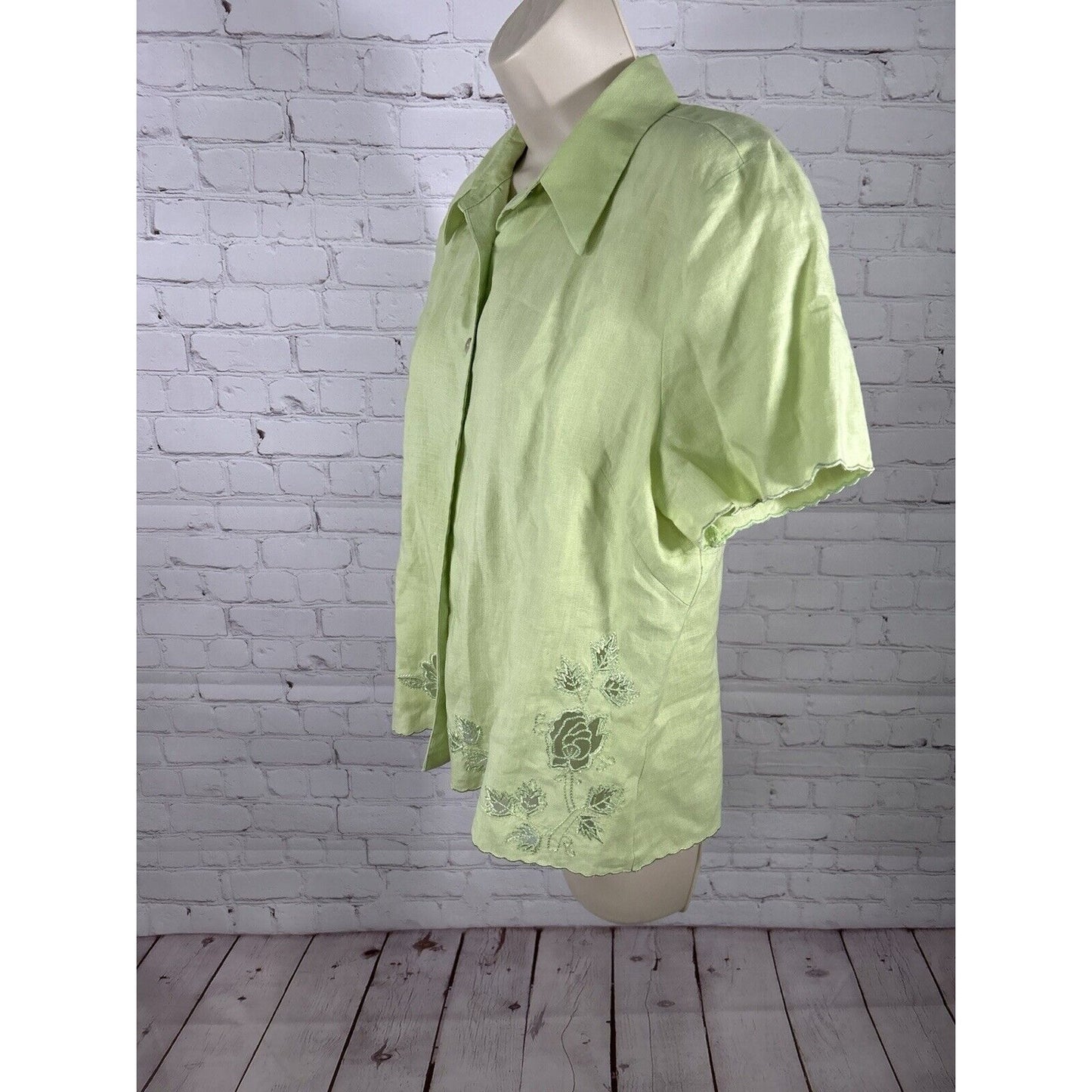 VTG Edward Irish Linen 100% Linen Green Collared Short Sleeve Floral Blouse L