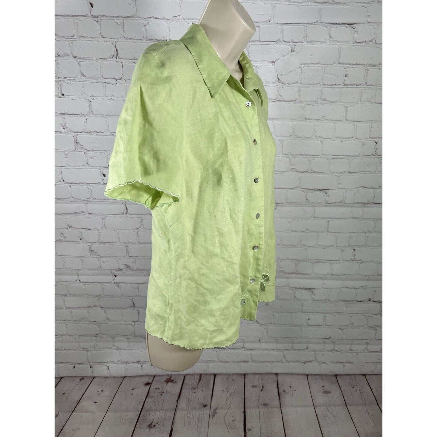 VTG Edward Irish Linen 100% Linen Green Collared Short Sleeve Floral Blouse L