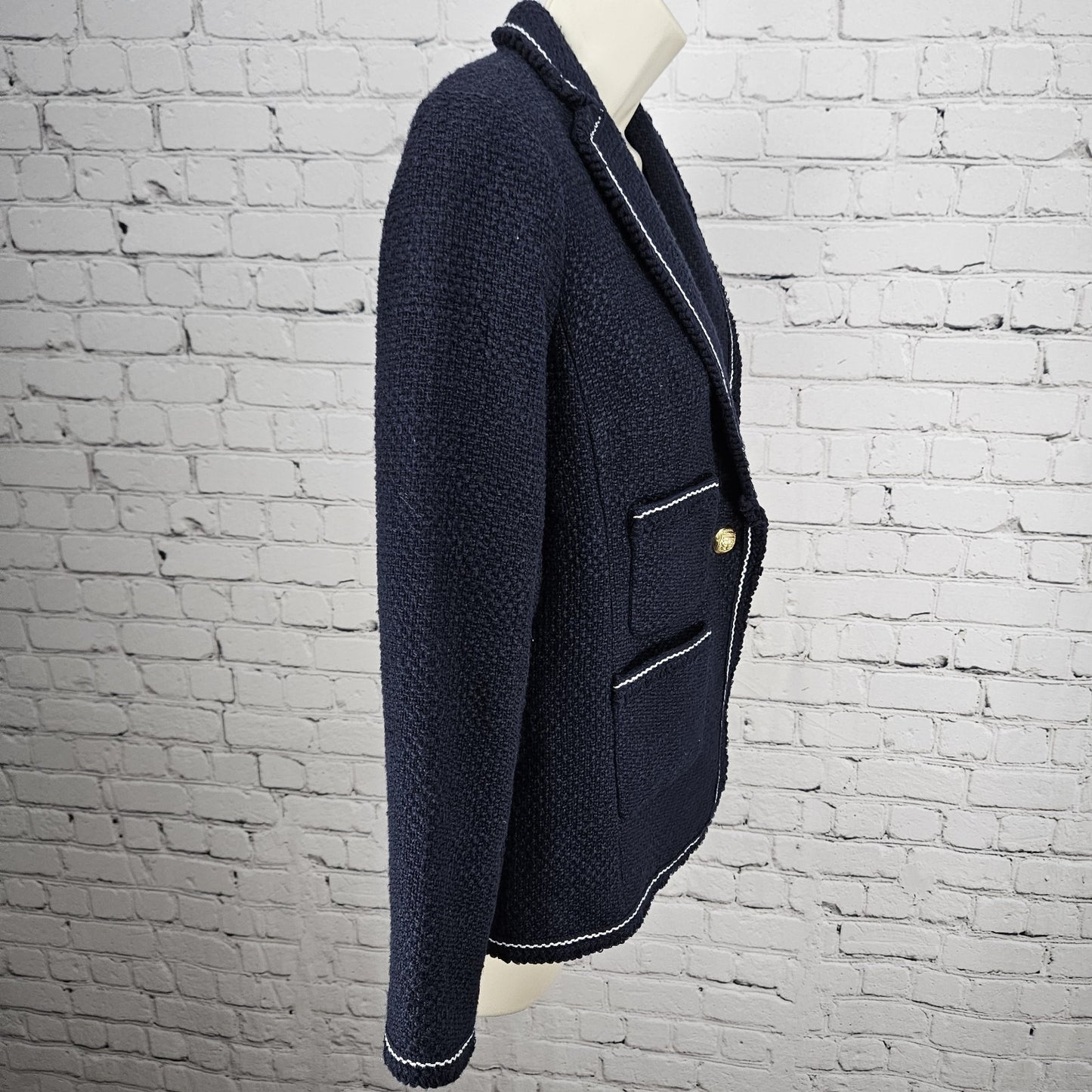 NWT Talbots Navy 100% Cotton Tweed White Stitching Gold Buttons Blazer Jacket 0P