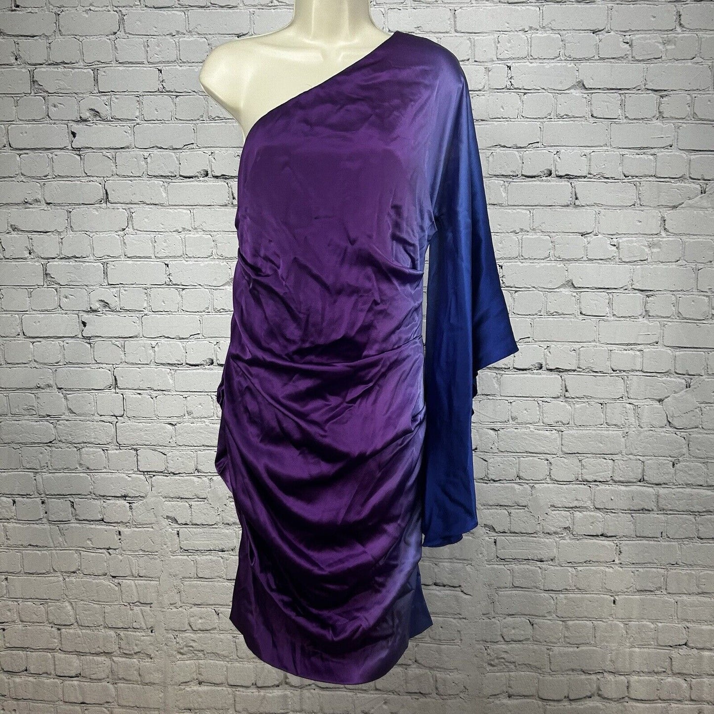 Nicole Miller Purple Blue Ombré One Shoulder Butterfly Sleeve Silk Mini Dress 10