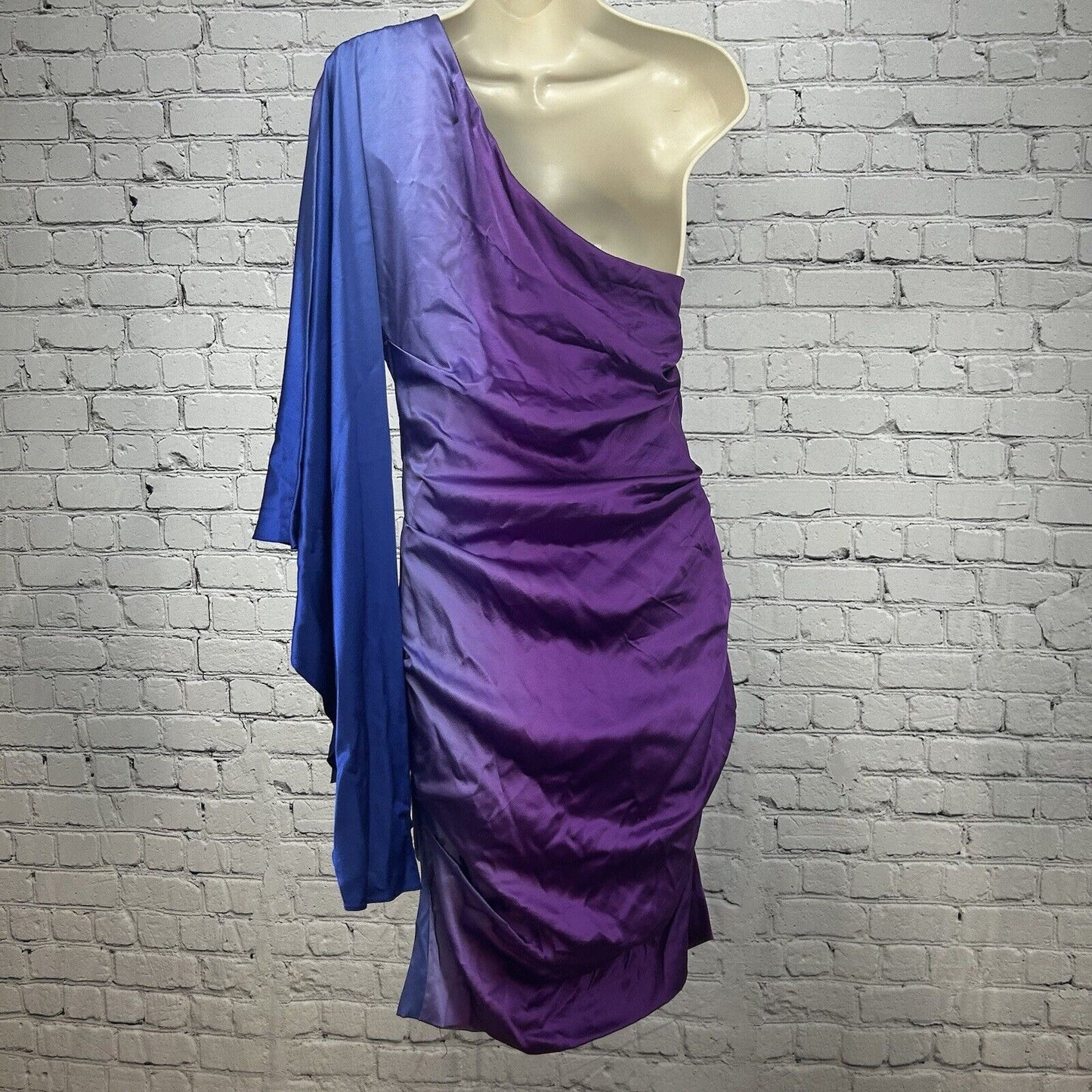 Nicole Miller Purple Blue Ombré One Shoulder Butterfly Sleeve Silk Mini Dress 10