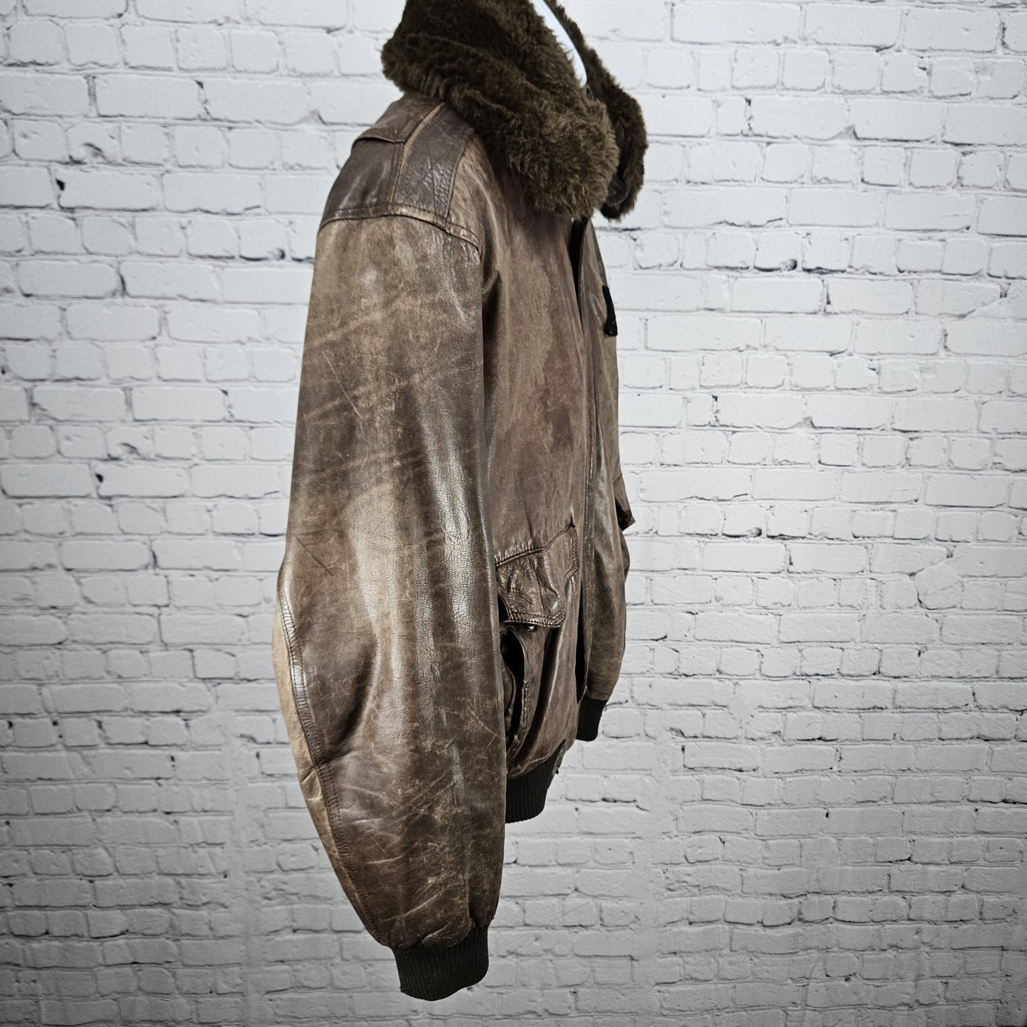 VTG Mikes Arcade Brown Faux Fur Collar Bodywarmer Full Zip Snap Bomber Jacket XL