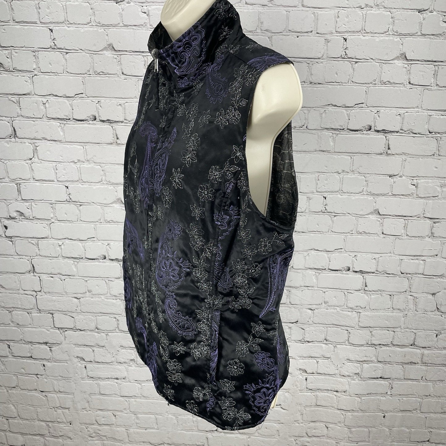 Chico’s Black & Purple Silk Blend Metallic Embroidered Zipped Vest Size 2 US 12