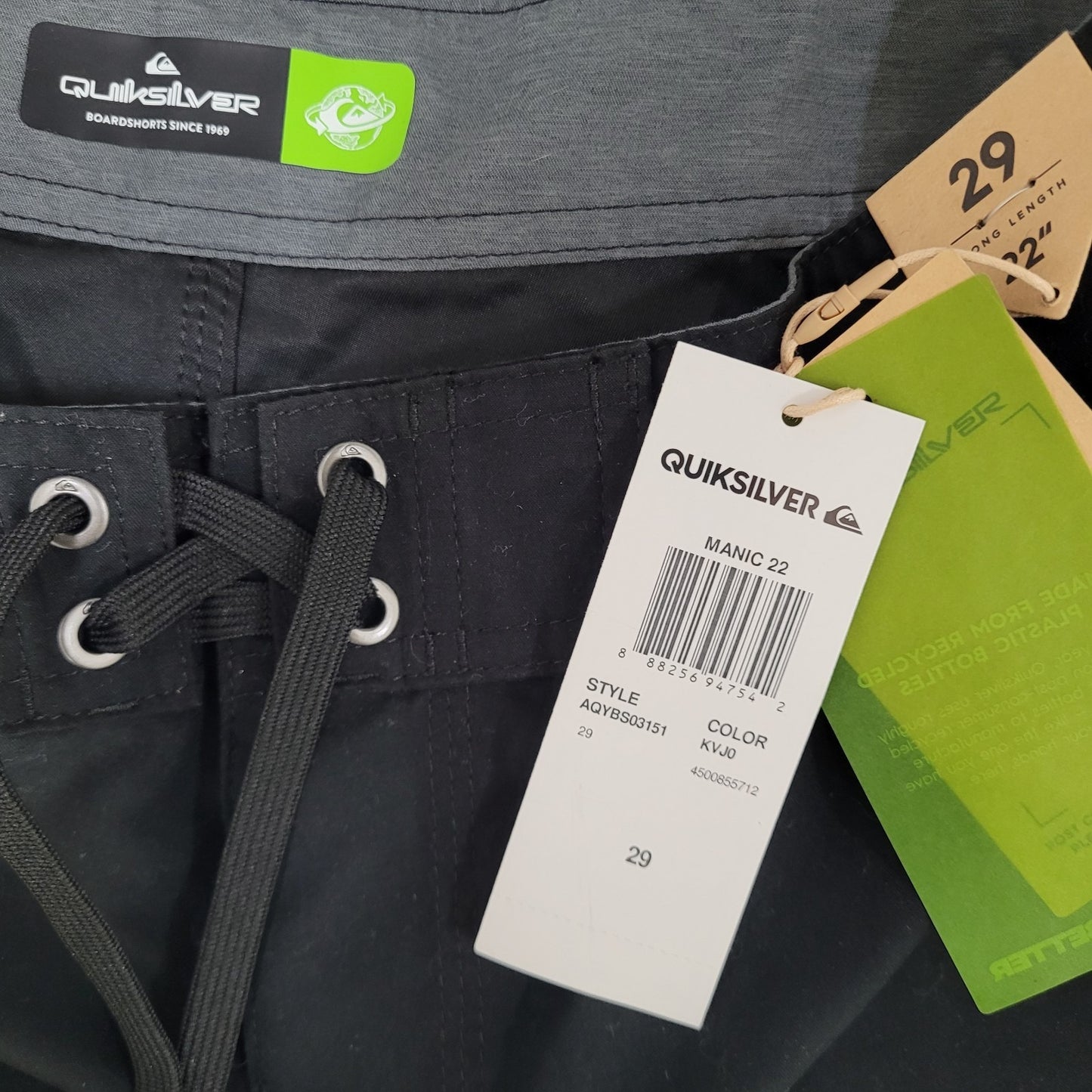 NWT Quiksilver Black Manic 22” Drawstring Swim Trunks Board Shorts Size 29 Long