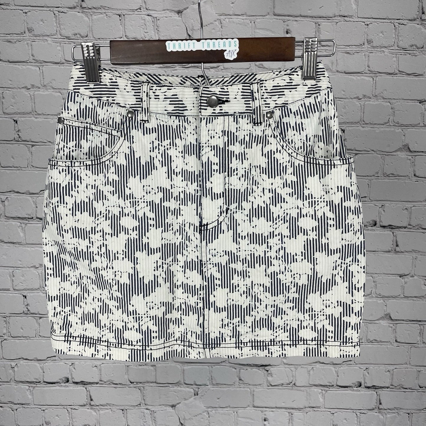 BDG Urban Outfitters Blue Ivory Cotton Striped Floral Mini Skirt Stretch Size 0