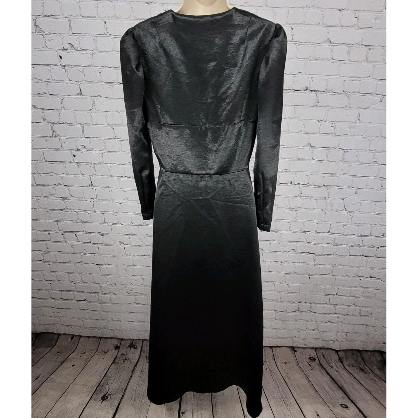 Lika Steel Black Satin Puff Long Sleeve Plunge A Line Maxi Dress Size Small S