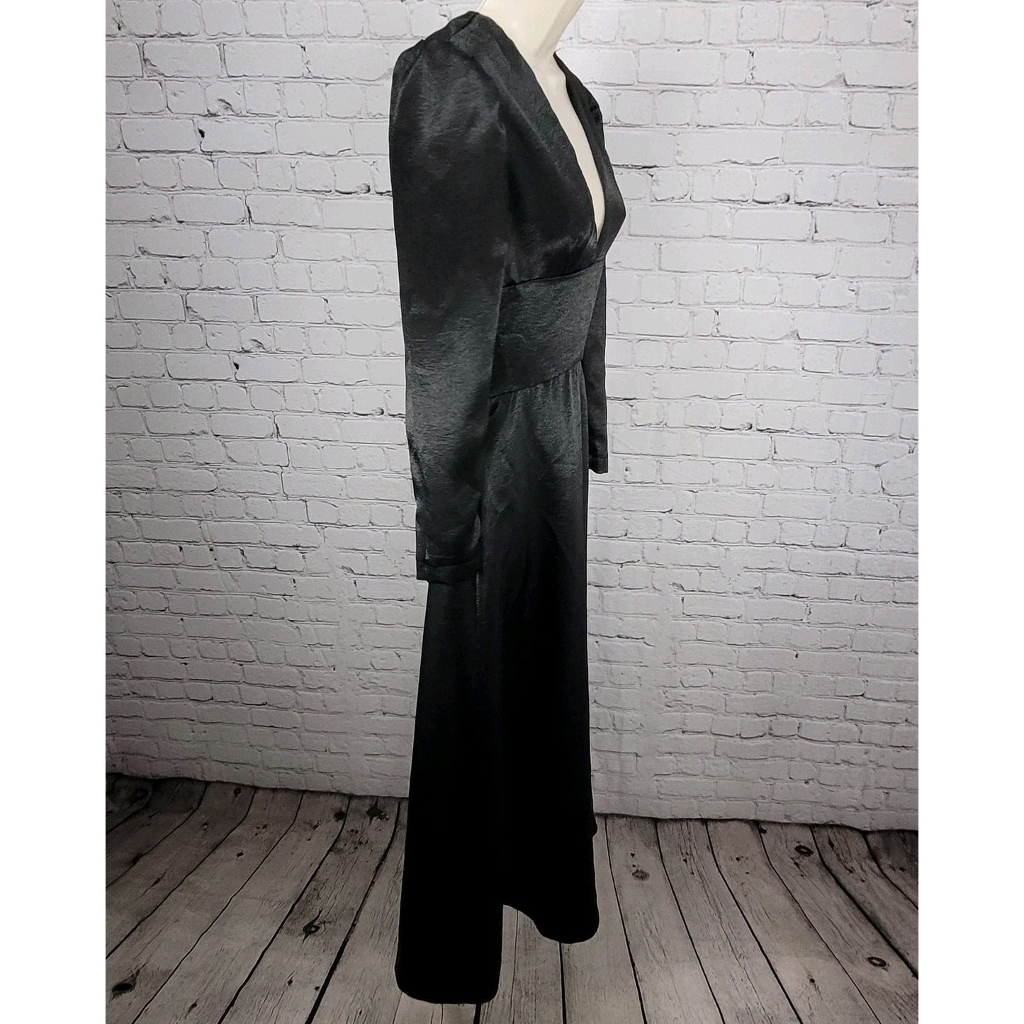 Lika Steel Black Satin Puff Long Sleeve Plunge A Line Maxi Dress Size Small S