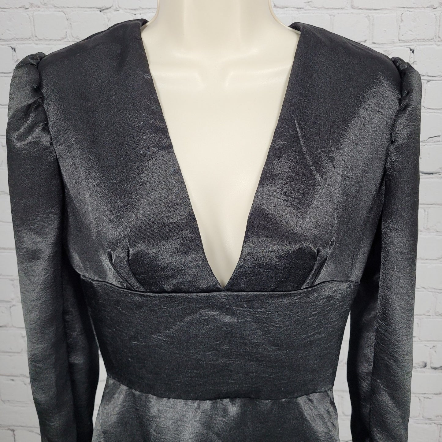 Lika Steel Black Satin Puff Long Sleeve Plunge A Line Maxi Dress Size Small S